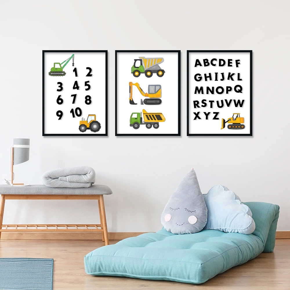 Posters -  Trucks with Numbers and Alphabet / Set of 3