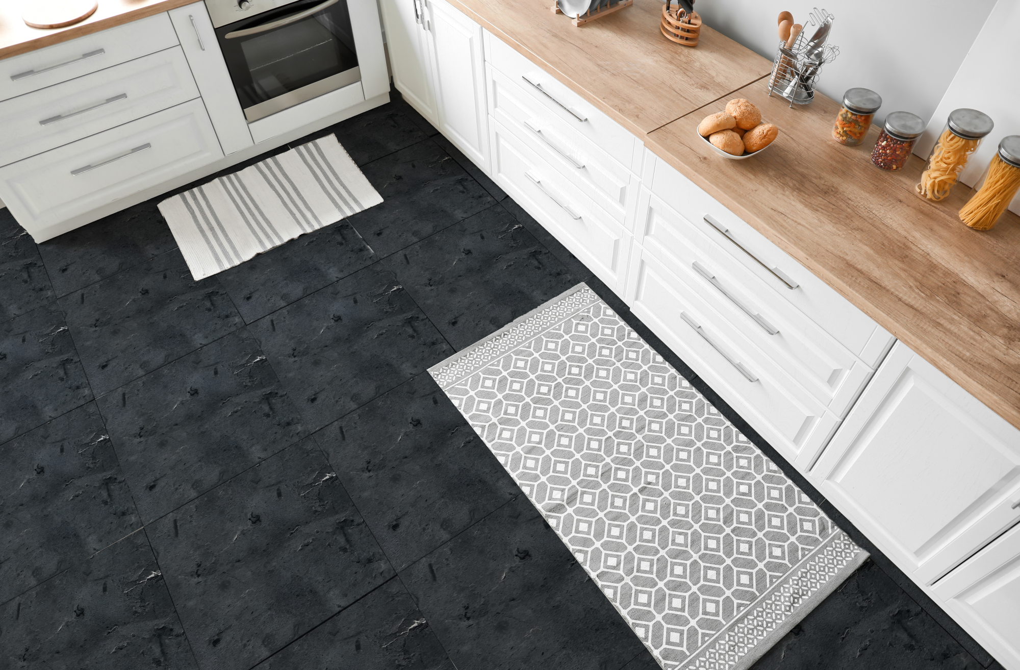 Floor Tiles Sticker - Black / Peel and Stick / 24 pcs