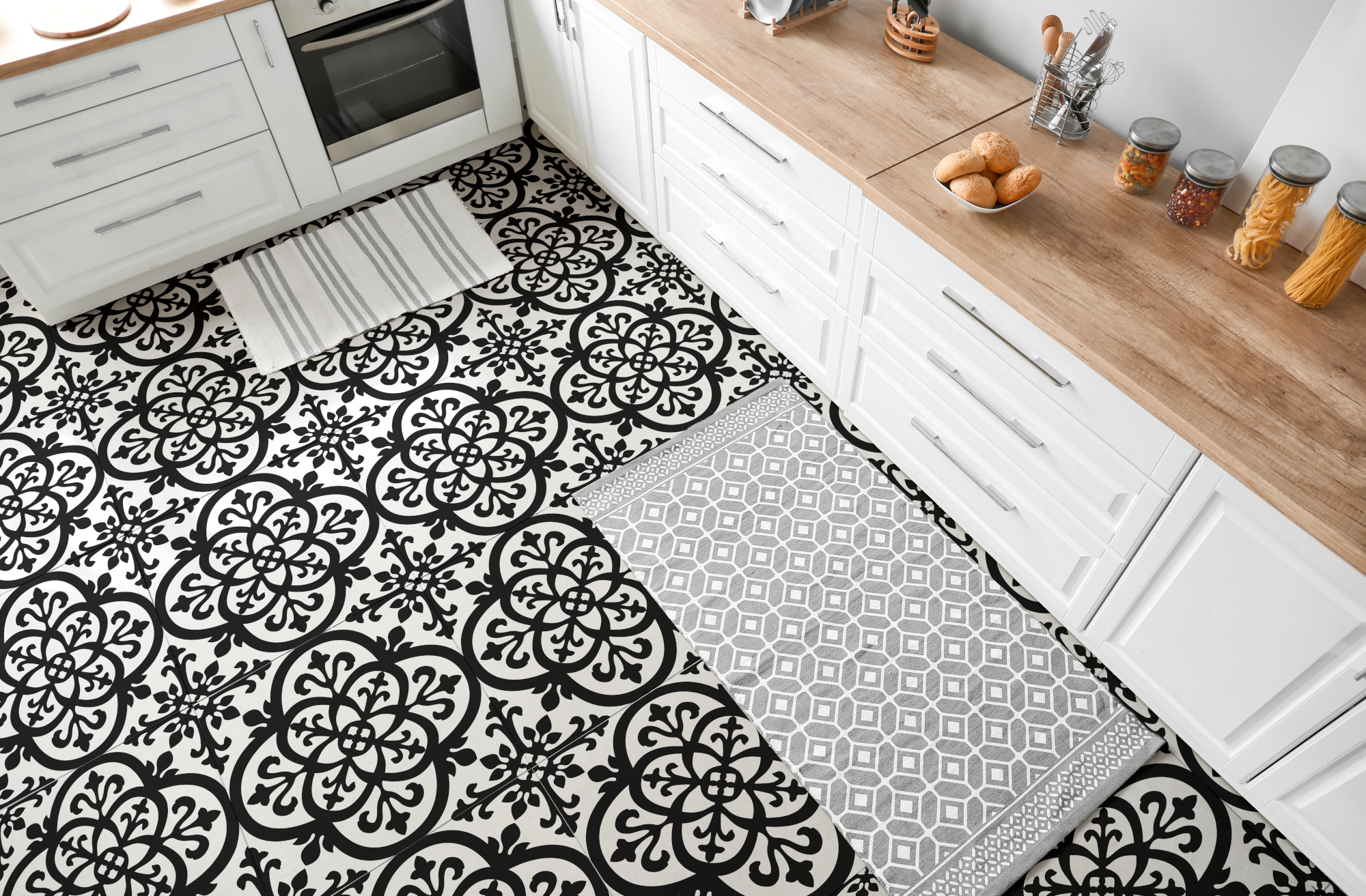 Floor Tiles Sticker -  Black Flower pattern   / Peel and Stick / 24 pcs