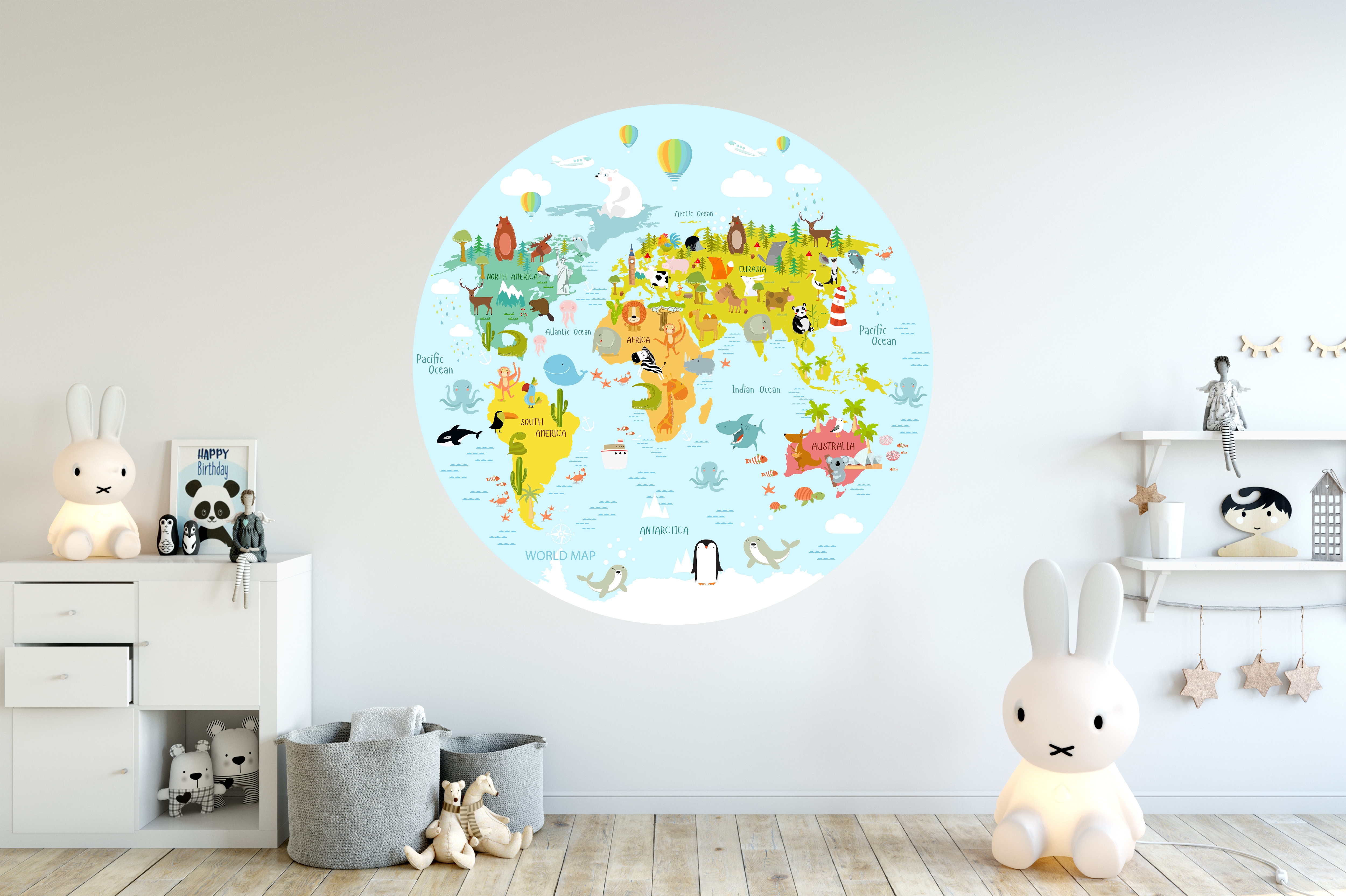 Wallsticker - World Map/ Airplanes and Hot Air Balloons / Circle