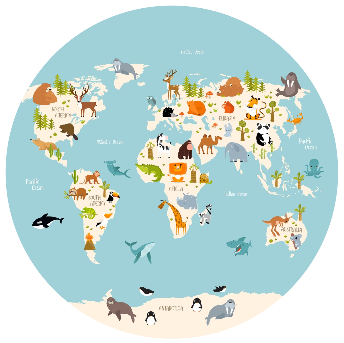 Wallsticker - World Map / Trees and Animals / Circle