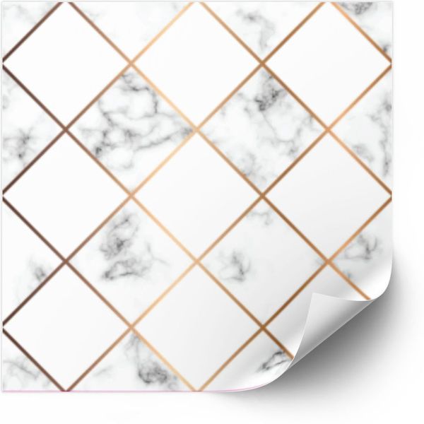 Tiles Sticker - Marble Texture /  White Squares and Golden Geometric Lines / 24 pcs