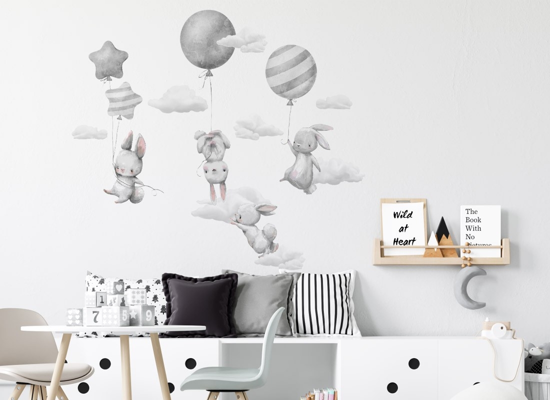 Wallsticker -  Bunnies with Grey Balloons