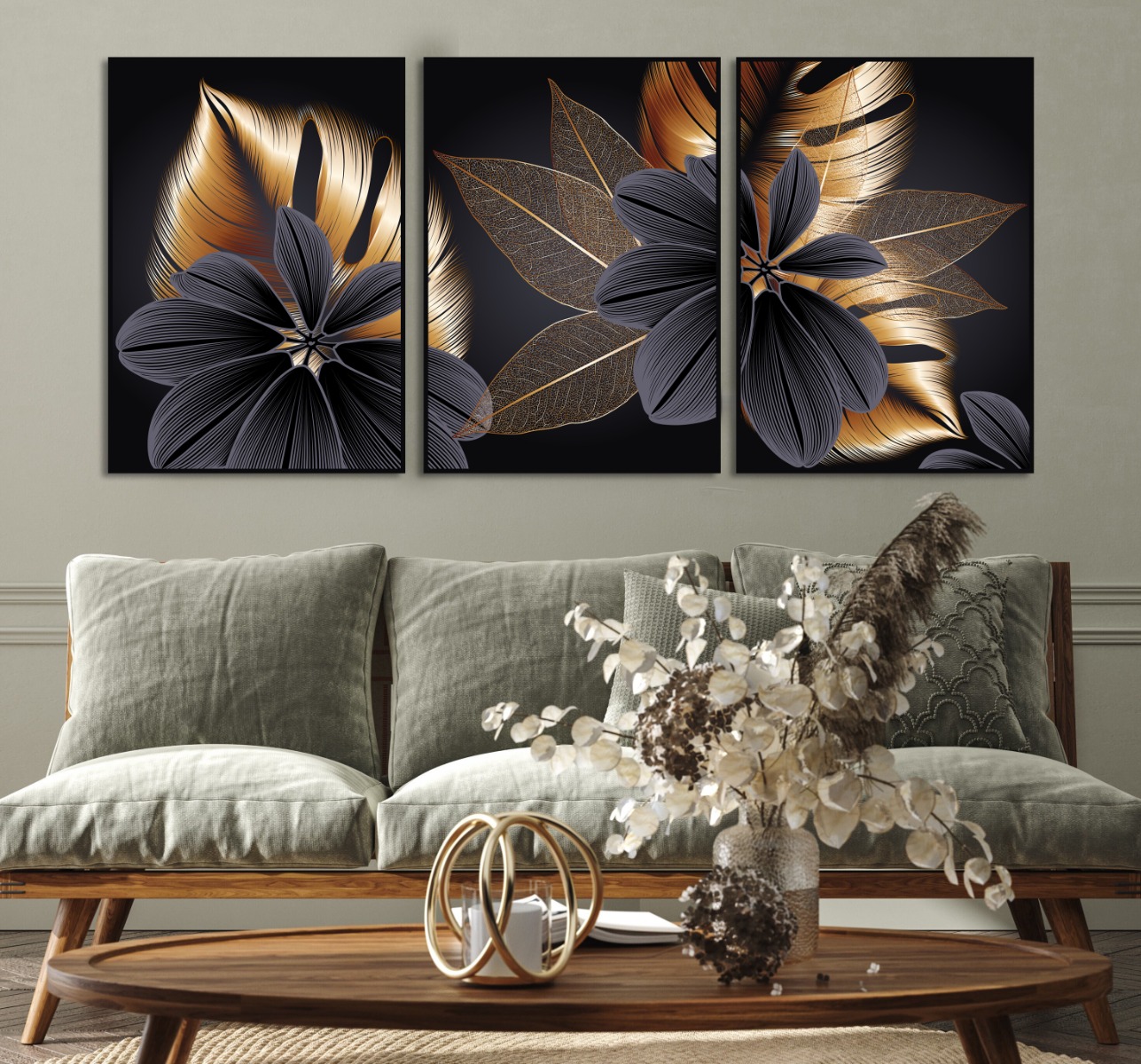 Posters - Gold Flowers and Leaves / Set of 3