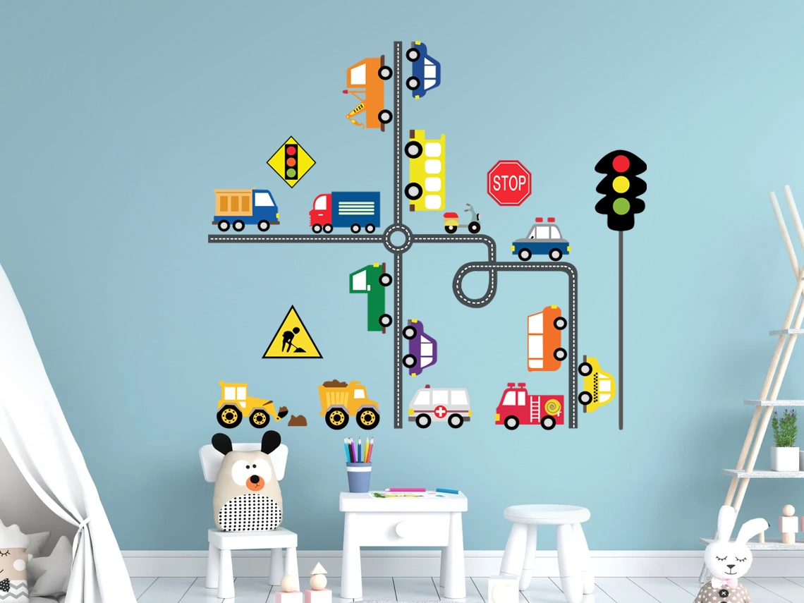 Wallsticker - Traffic Road Sign and Vehicles