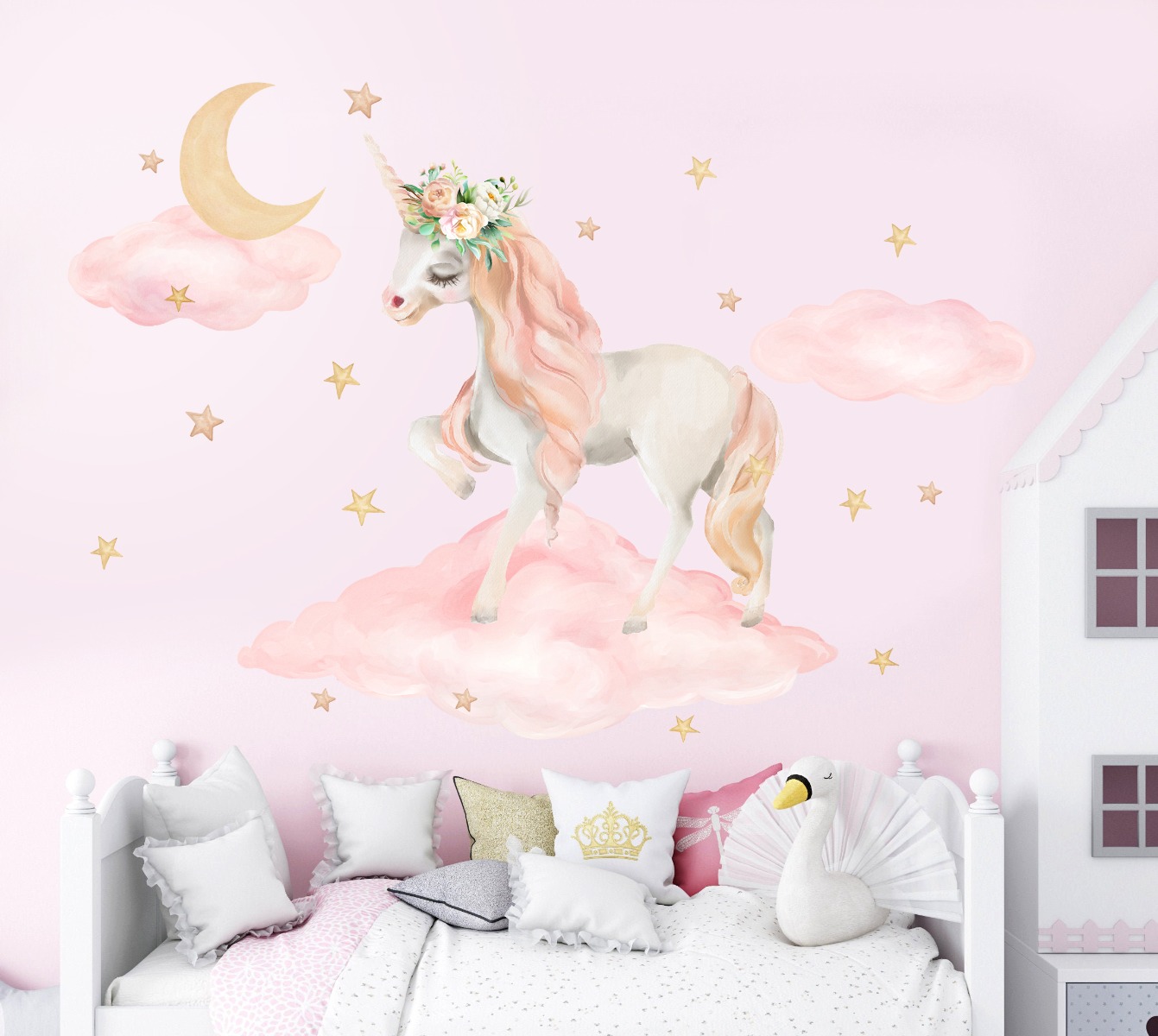 Wallsticker - Unicorn in clouds with flowers