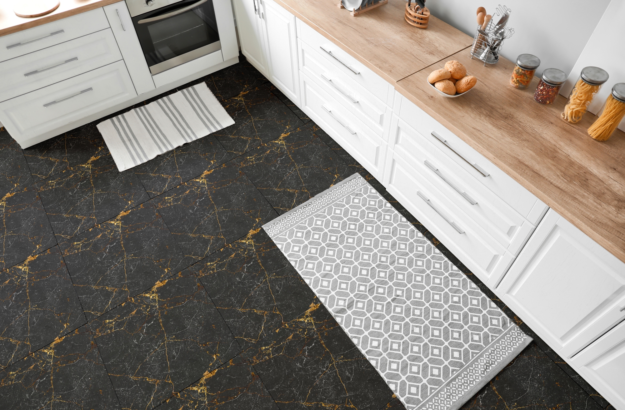Floor Tiles Sticker -  Black and Golden  pattern   / Peel and Stick / 24 pcs