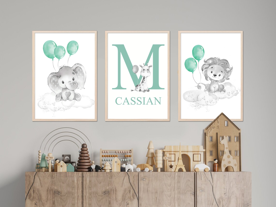 Poster - Animals with Balloons  /  Green  /  Custom Text