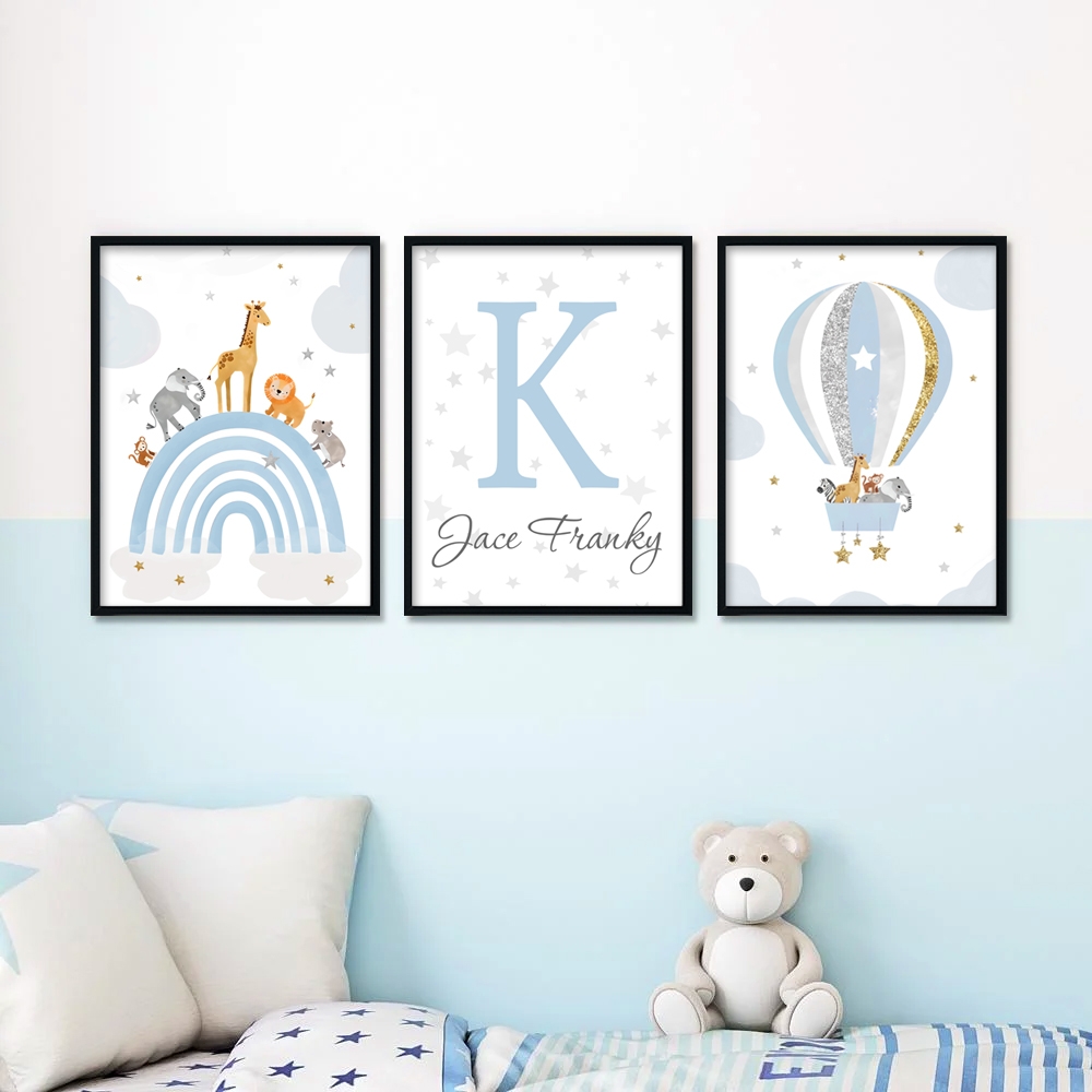 Poster - Rainbow and Hot Air Balloon  / Custom Text / Blue / Set of 3