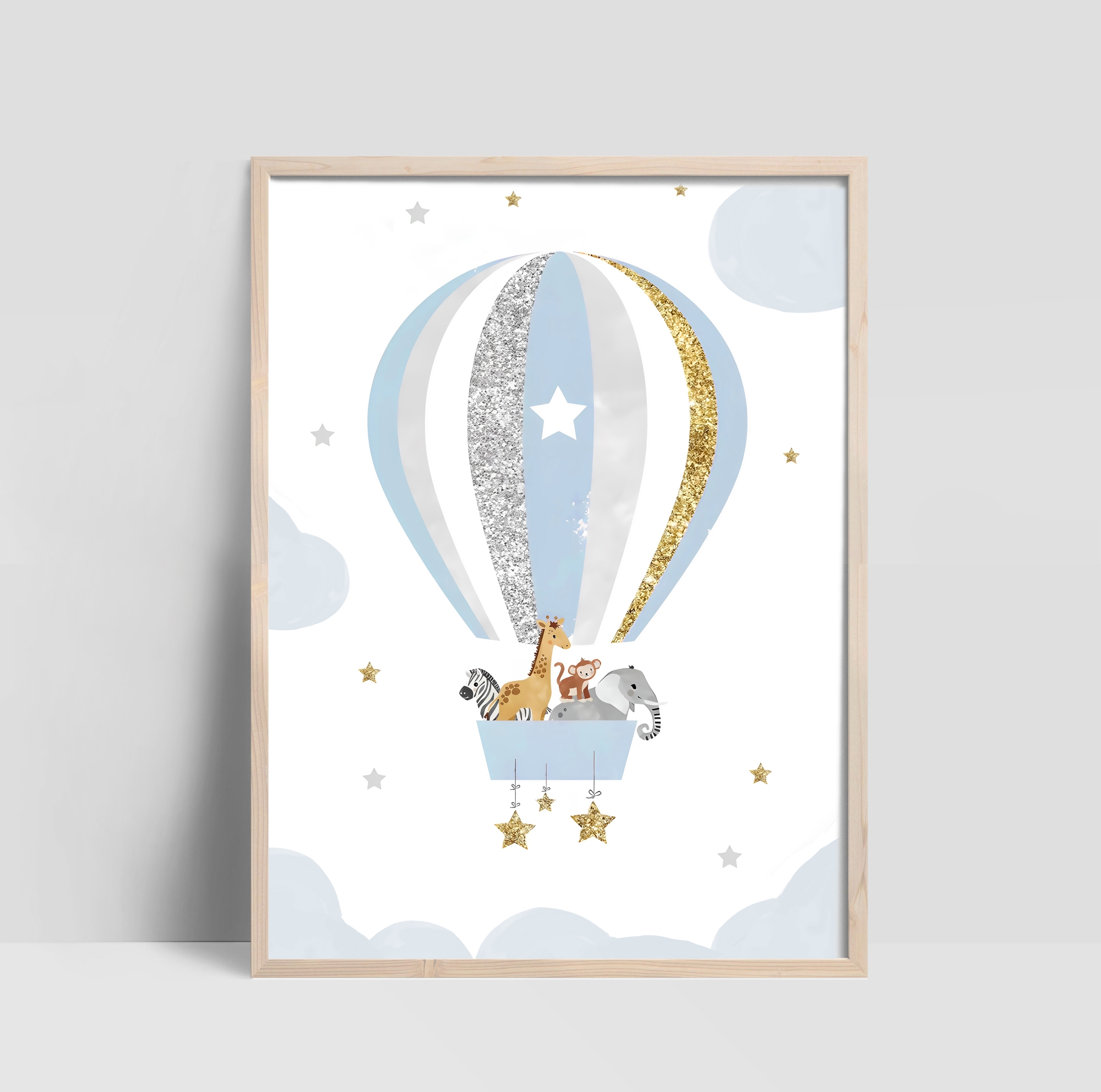 Poster - Animals in Hot Air Balloon / Blue