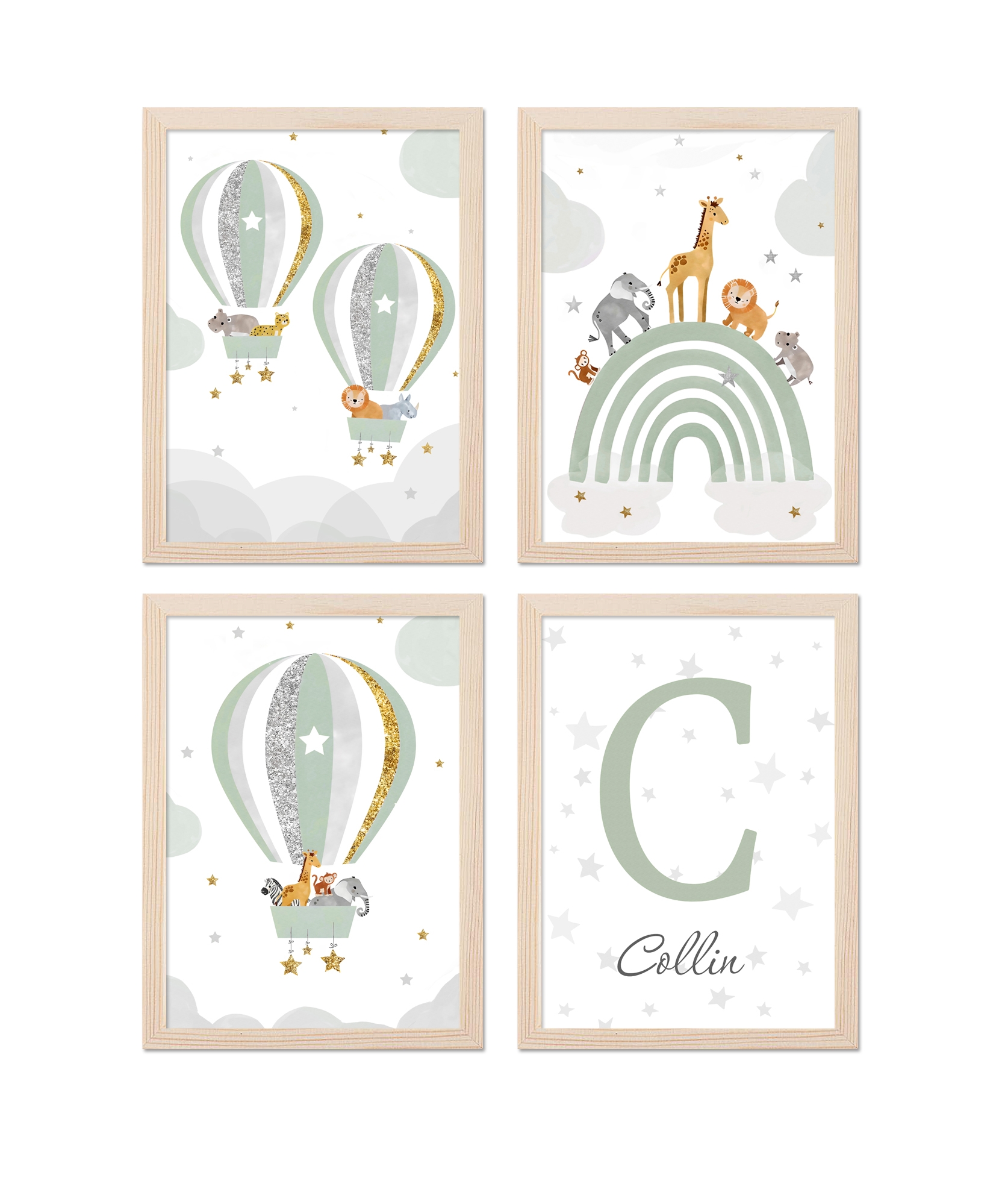 Poster -  Animals in Rainbow and  Hot Air Balloon  / Personalised / Set of 4