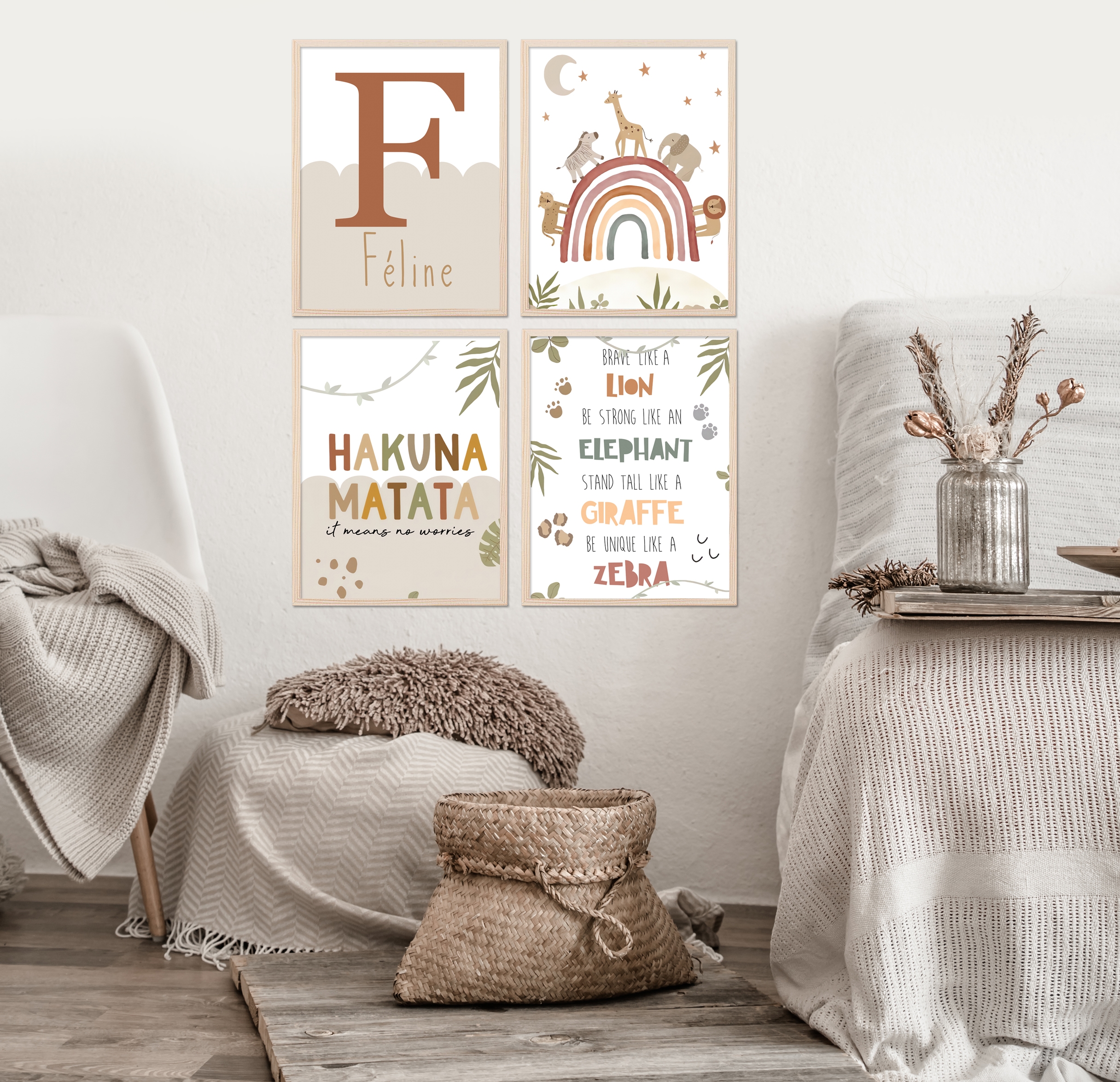Poster -  Animals in Rainbow / HAKUNA MATATA / Personalised / Set of 4