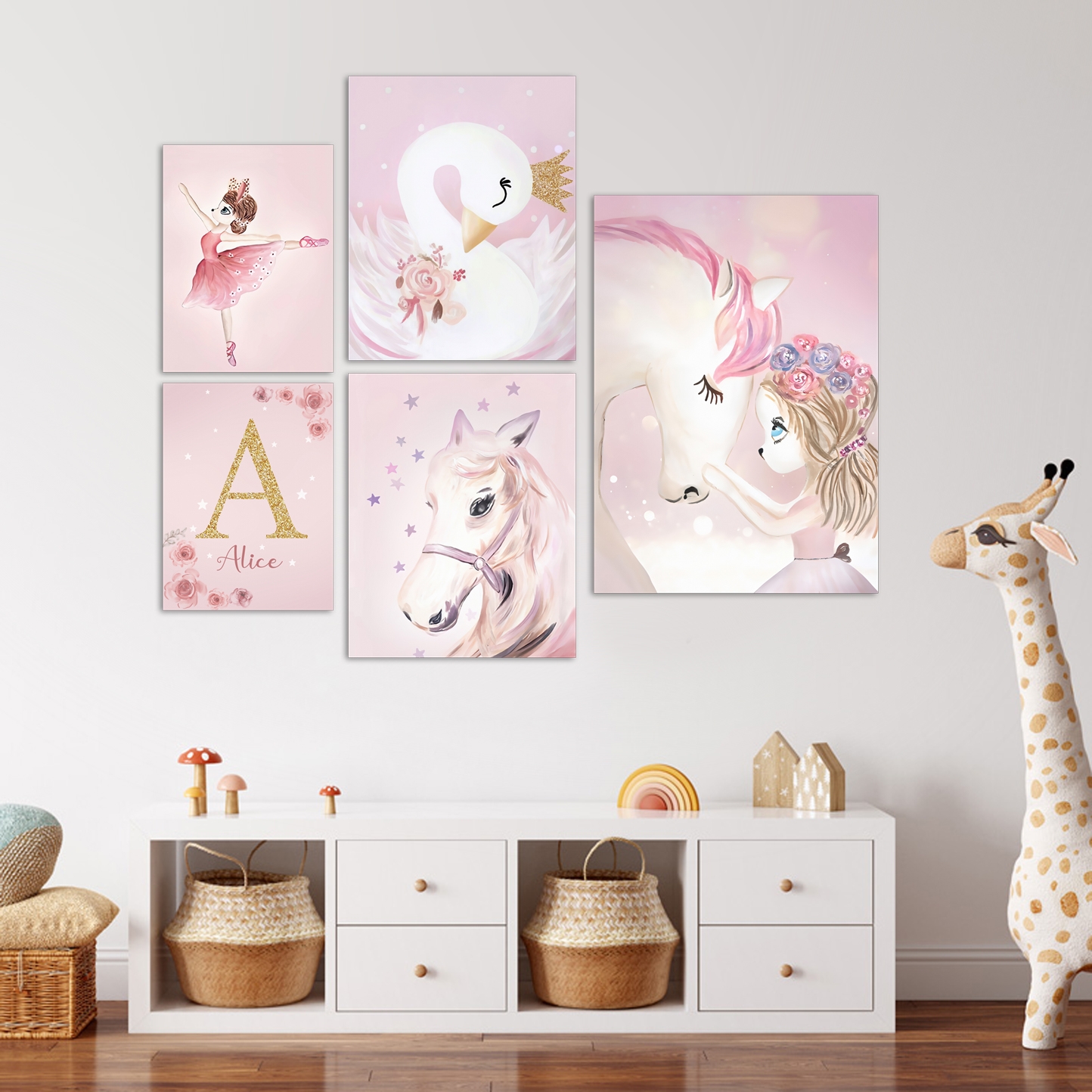 Posters - Kawaii / Swan and Unicorn / Pink / Personalised / Set of 5