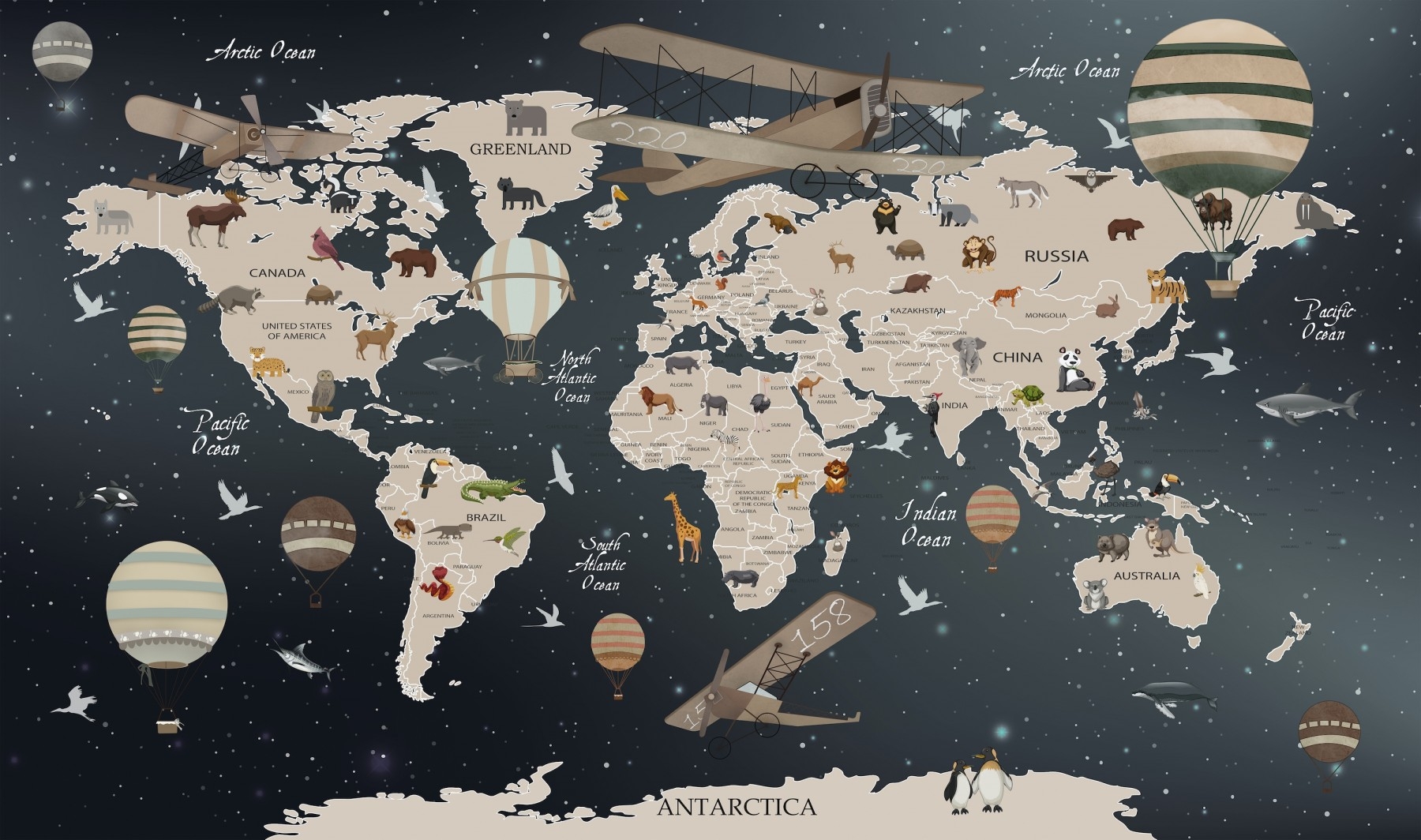 Wallsticker -  World Map with Animals and Planes
