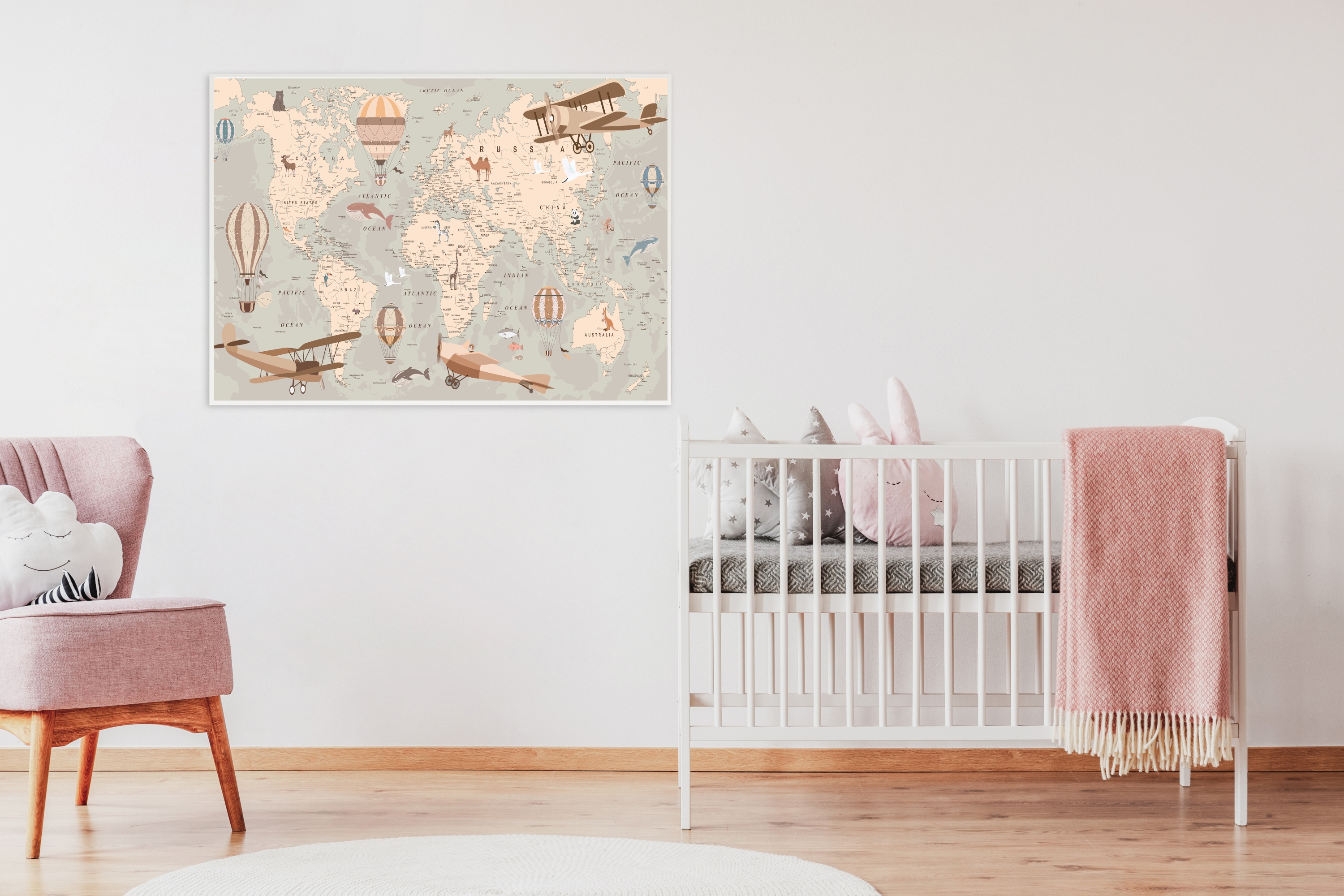 Wallsticker -  World Map with Animals and Hot Air Balloons