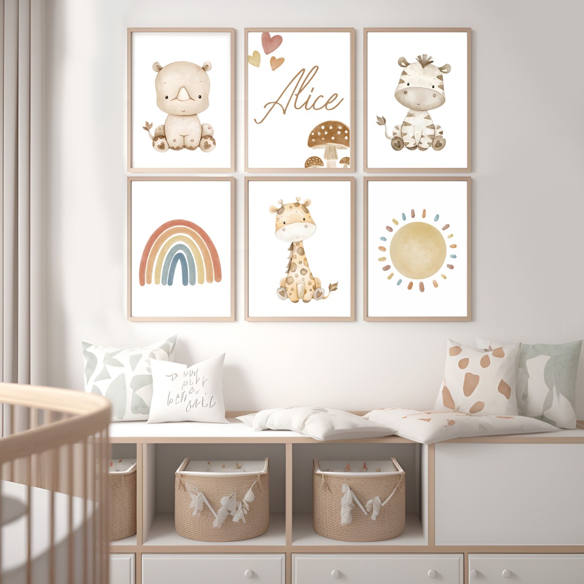 Posters - Boho Animals and Rainbow / Personalised / Set of 6