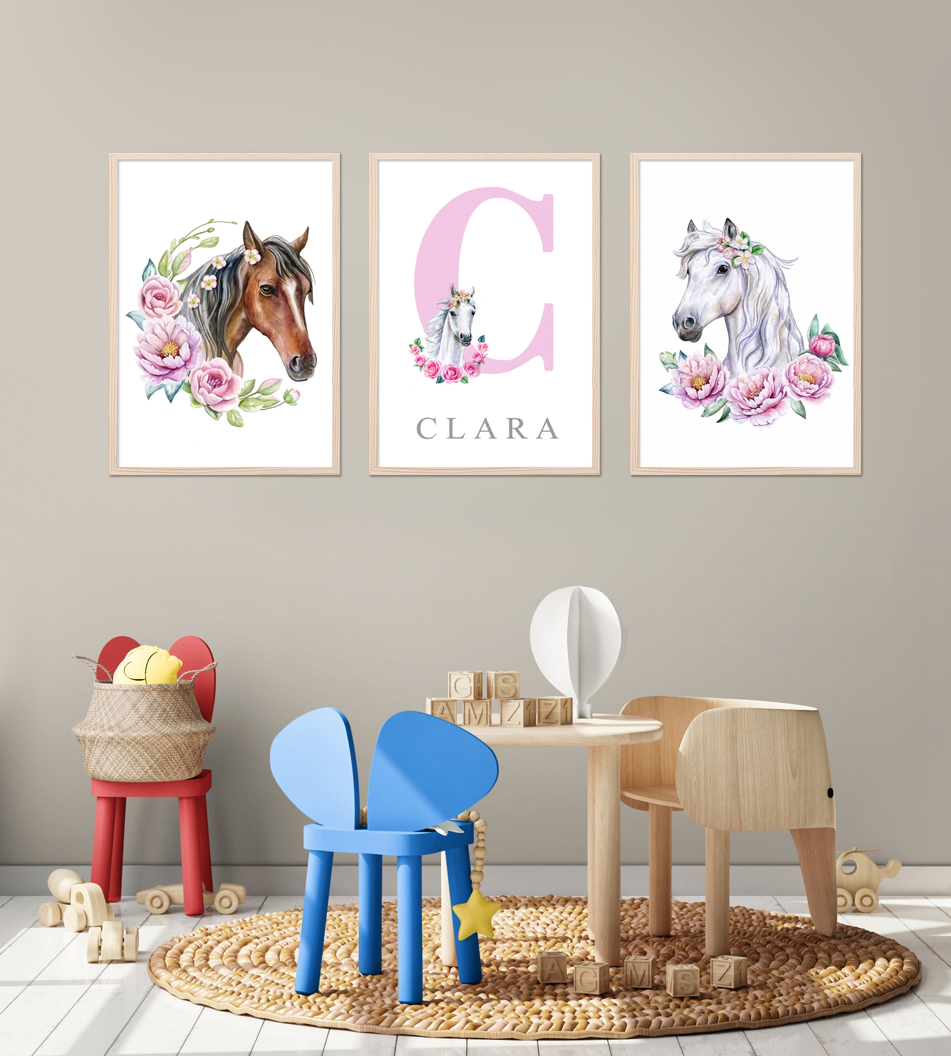 Posters - Horse with Flowers  / Personalised / Set of 3
