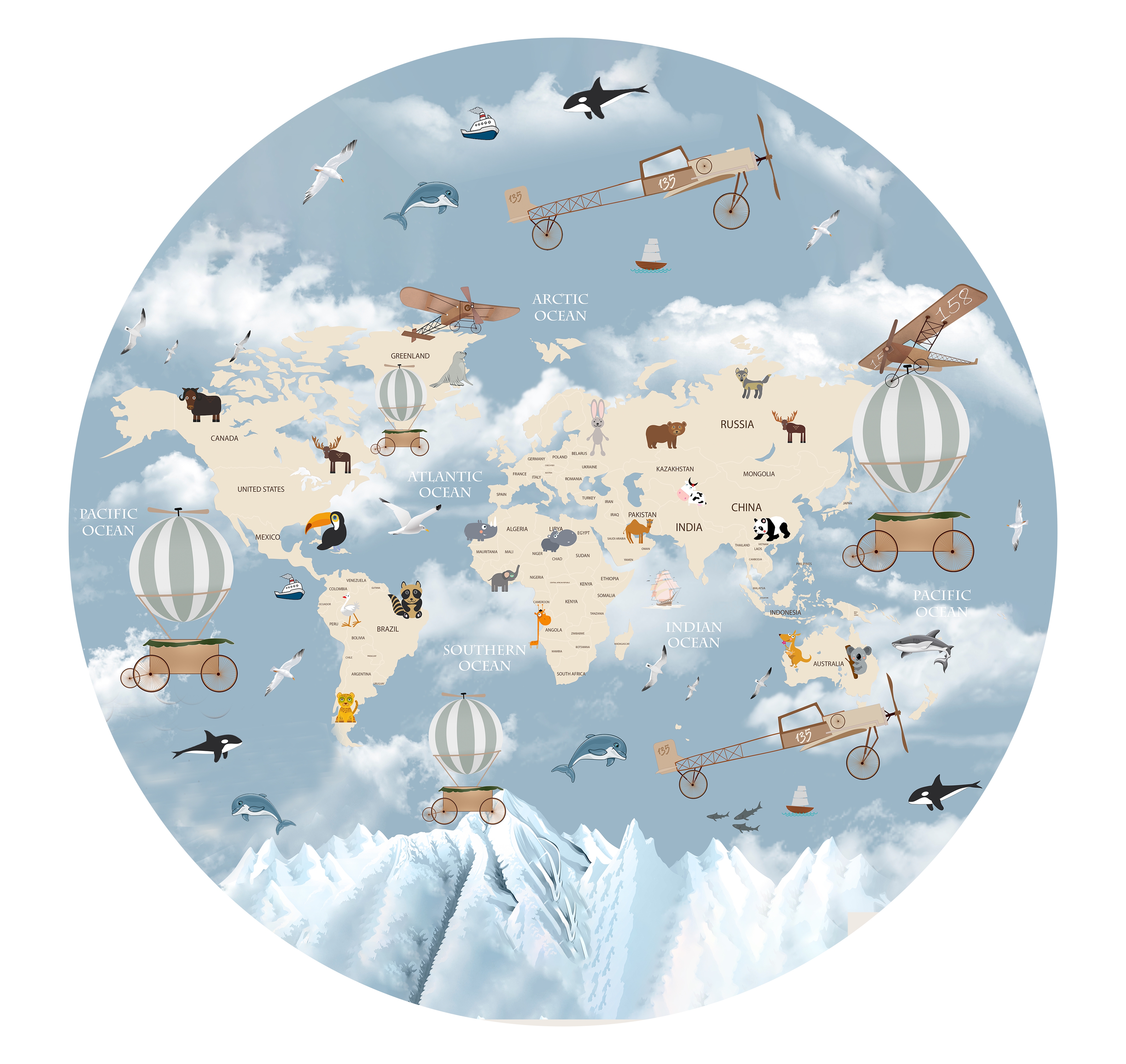 Wallsticker - World Map / Hot Air Balloons / Circle