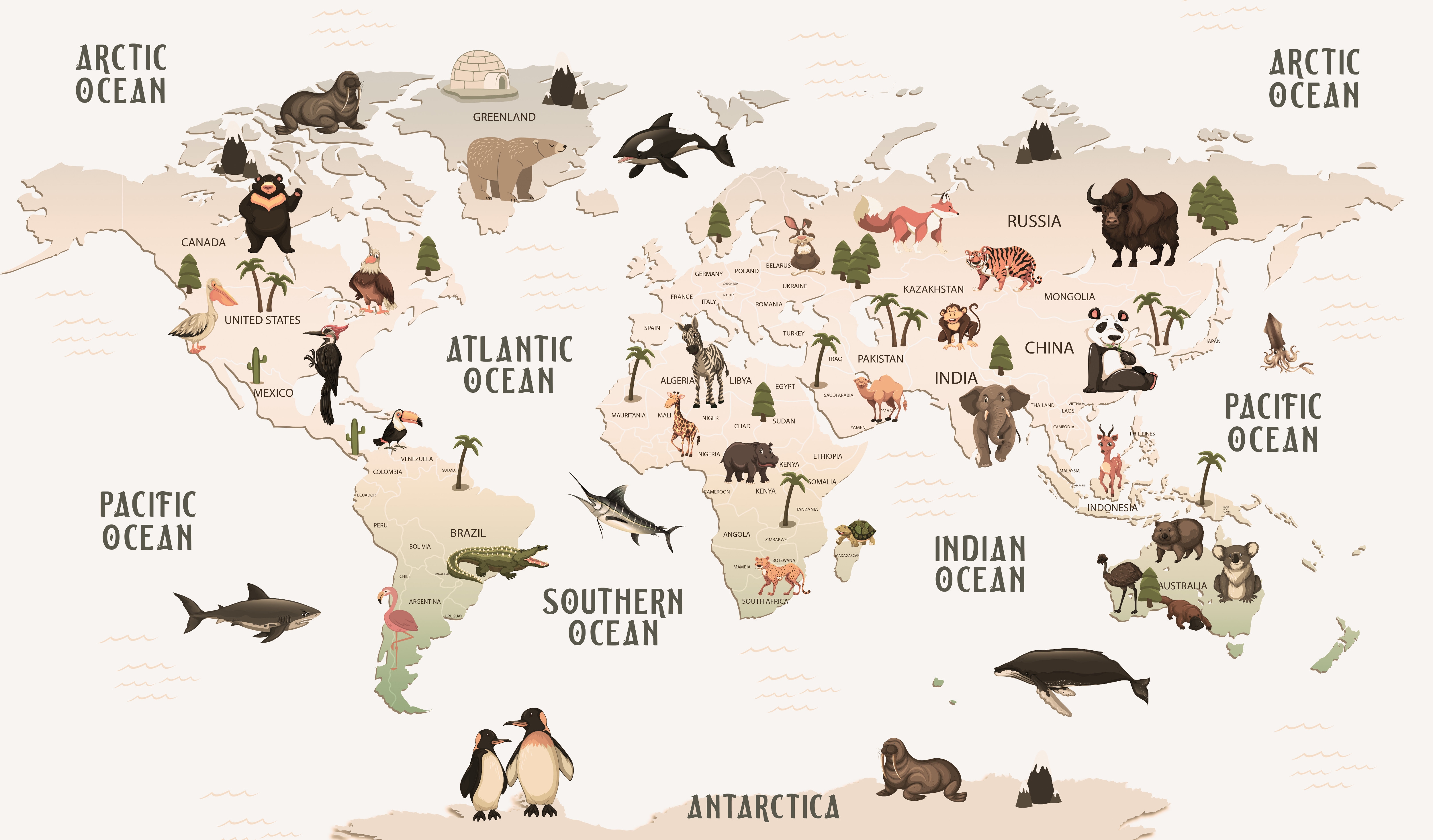 Wallsticker - World Map /  Igloo and Trees
