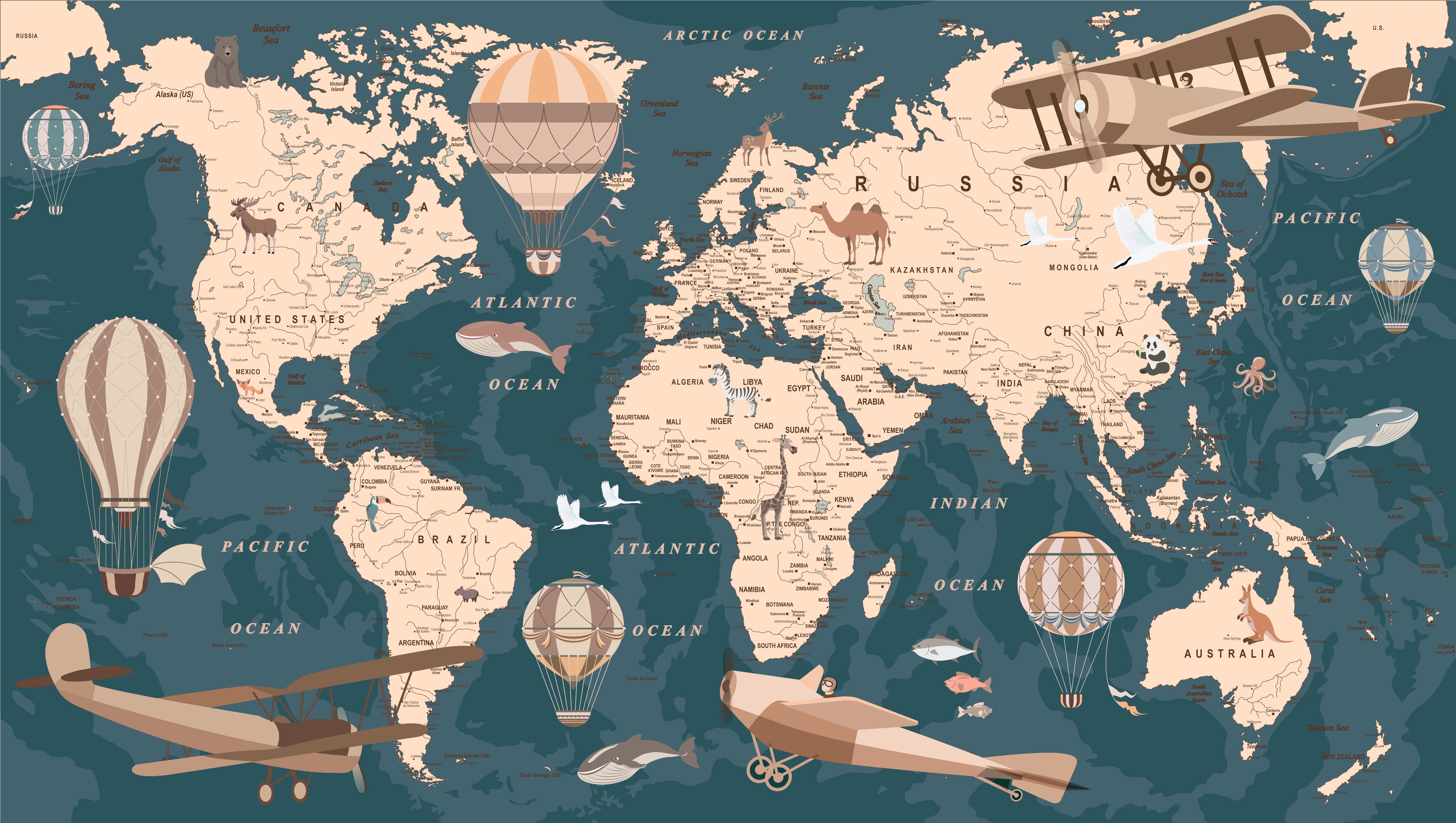 Poster - World Map / Birds and Biplanes