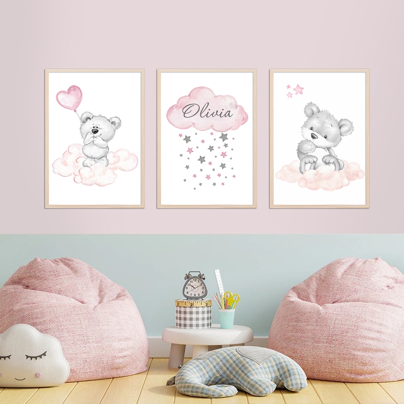 Posters - Bear in the clouds / Pink / Personalised / Set of 3