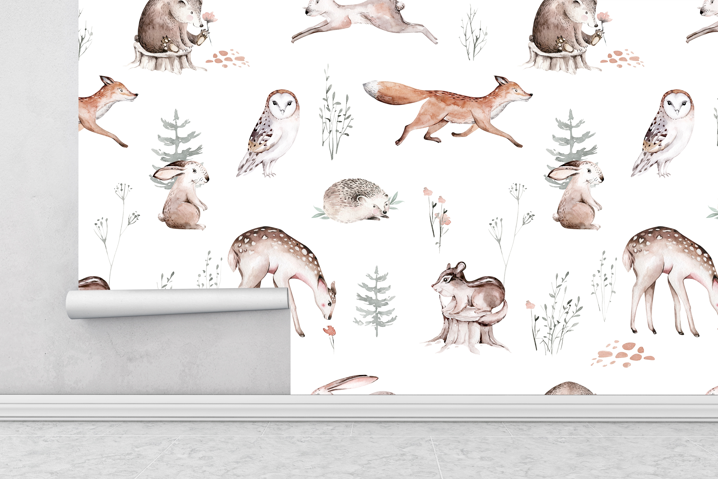 Wallpaper - Self-Adhesive / Forest Animals /  Peel and Stick