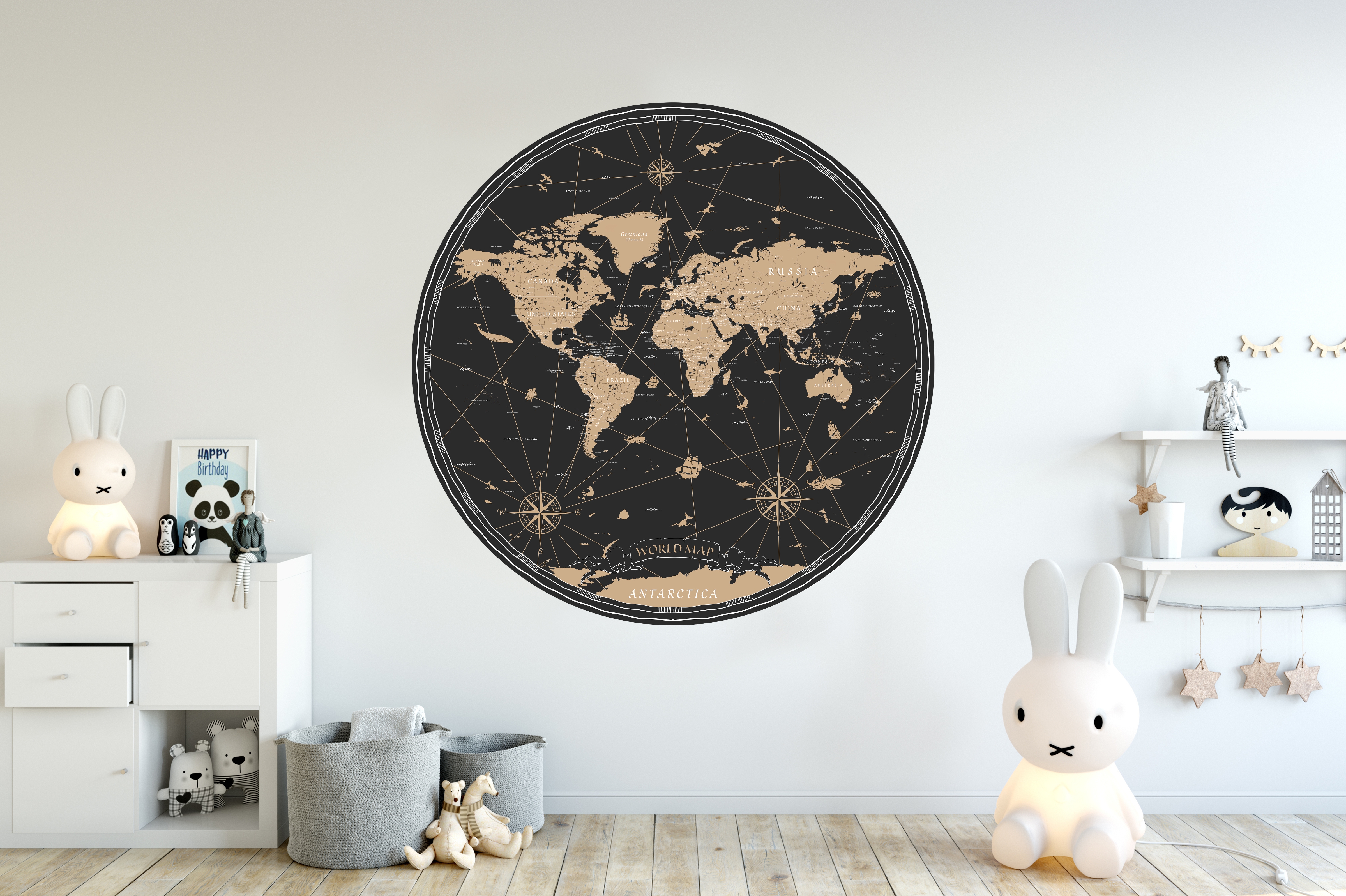 Wallsticker - World Map / Sea and Land Animals / Circle