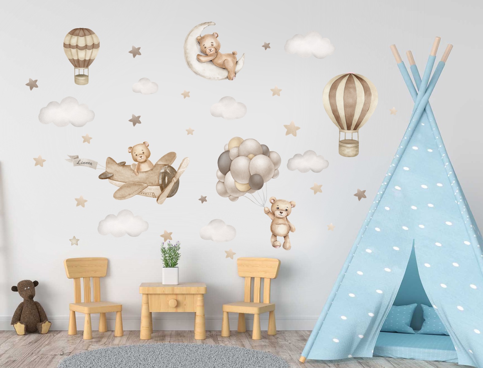 Wallsticker -  Teddy bear with air balloons and Hot Air Balloons