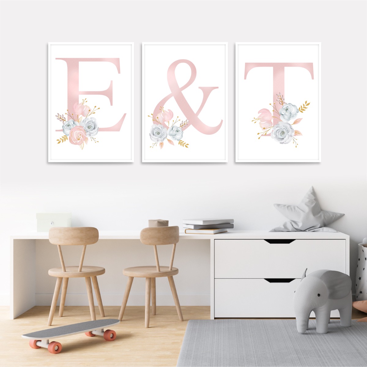 Posters - Pink Flower Wall  # 2  / Personalised / Set of 3