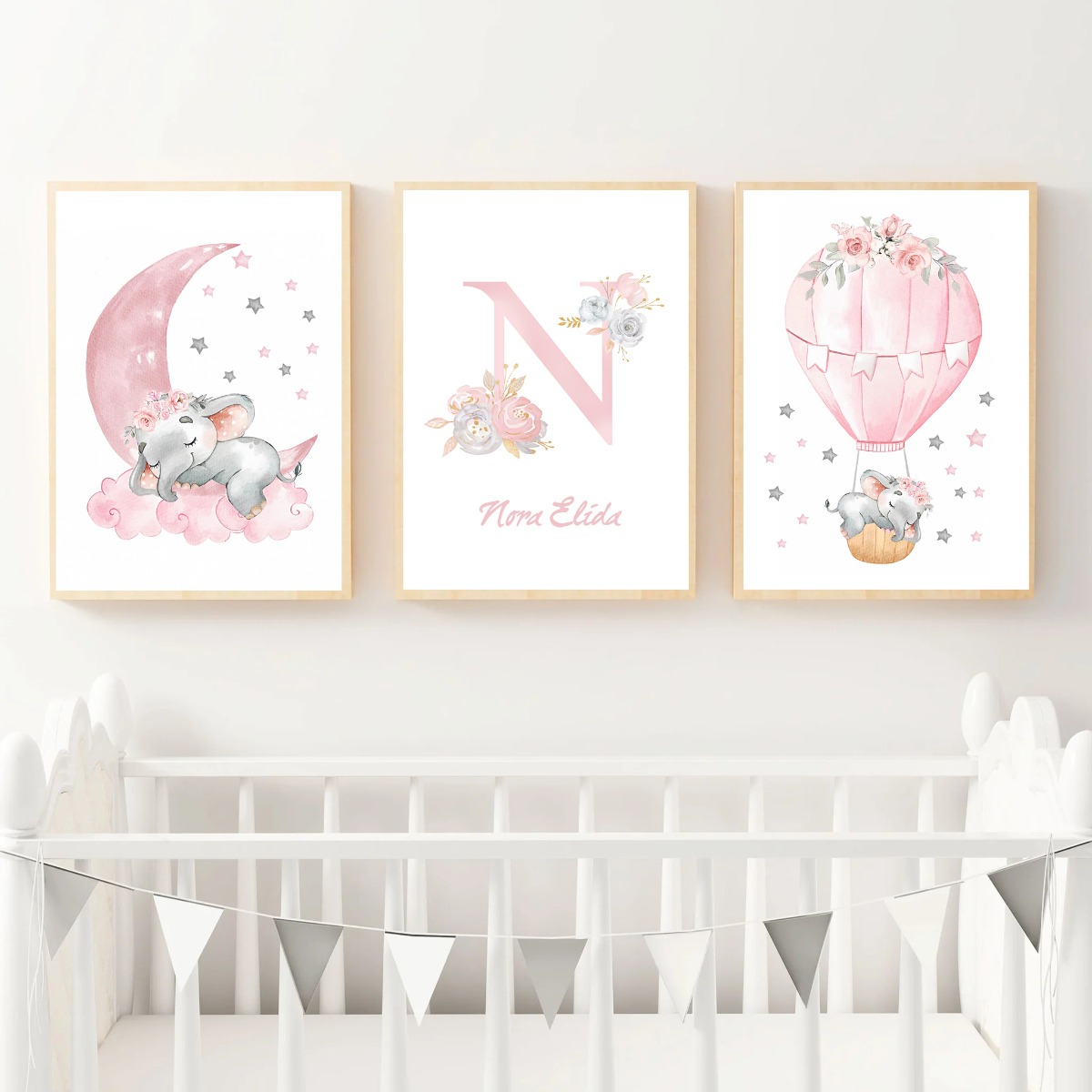Posters -  Baby Elephant  / Personalised / Set of 3