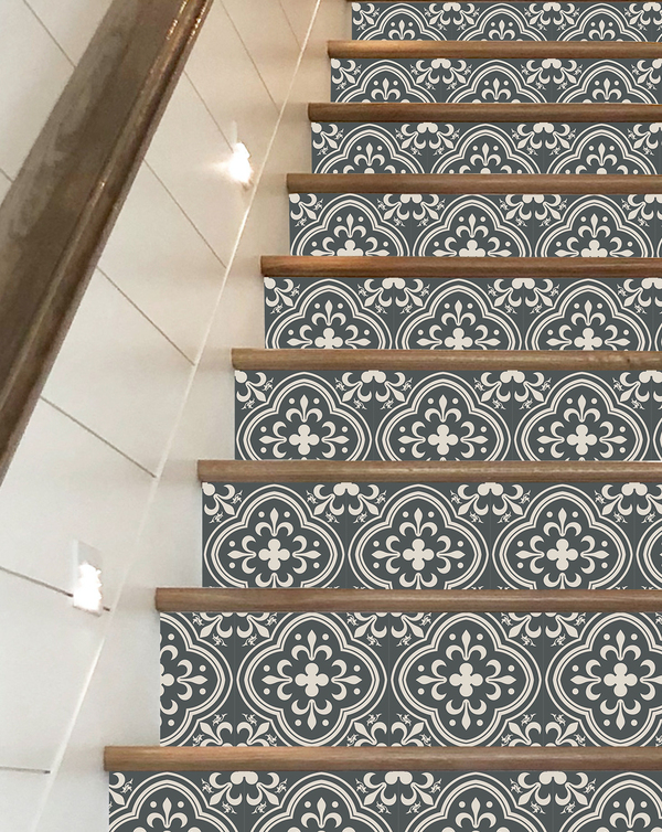 Wallsticker -  Stair Riser / Pale grey  flower pattern #03 / Set of 13