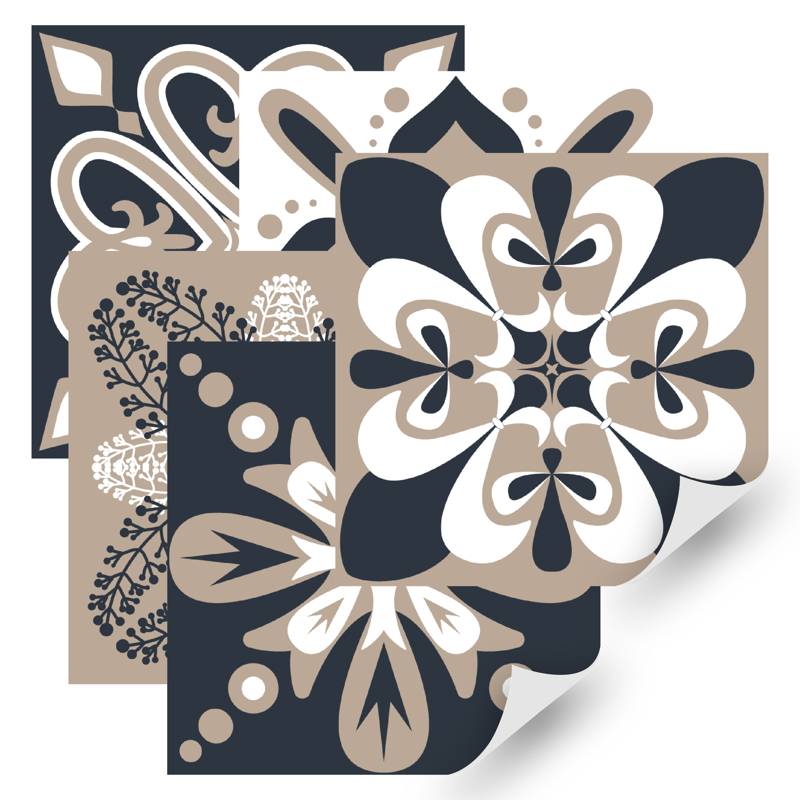 Tiles Sticker - Shades of gray floral Tiles pattern / 24 pcs