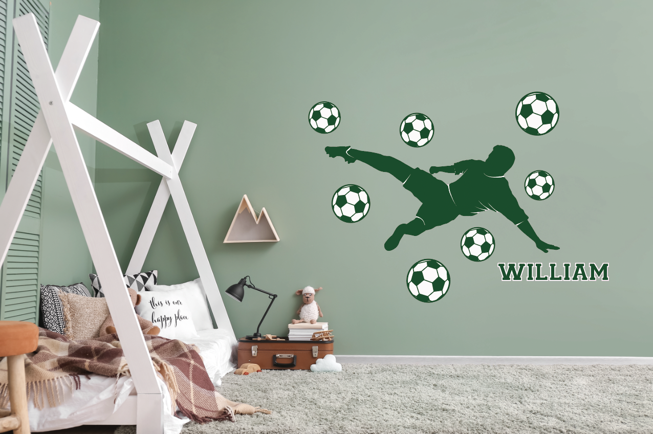 Wallsticker - Football Player and Footballs / Personalised / White