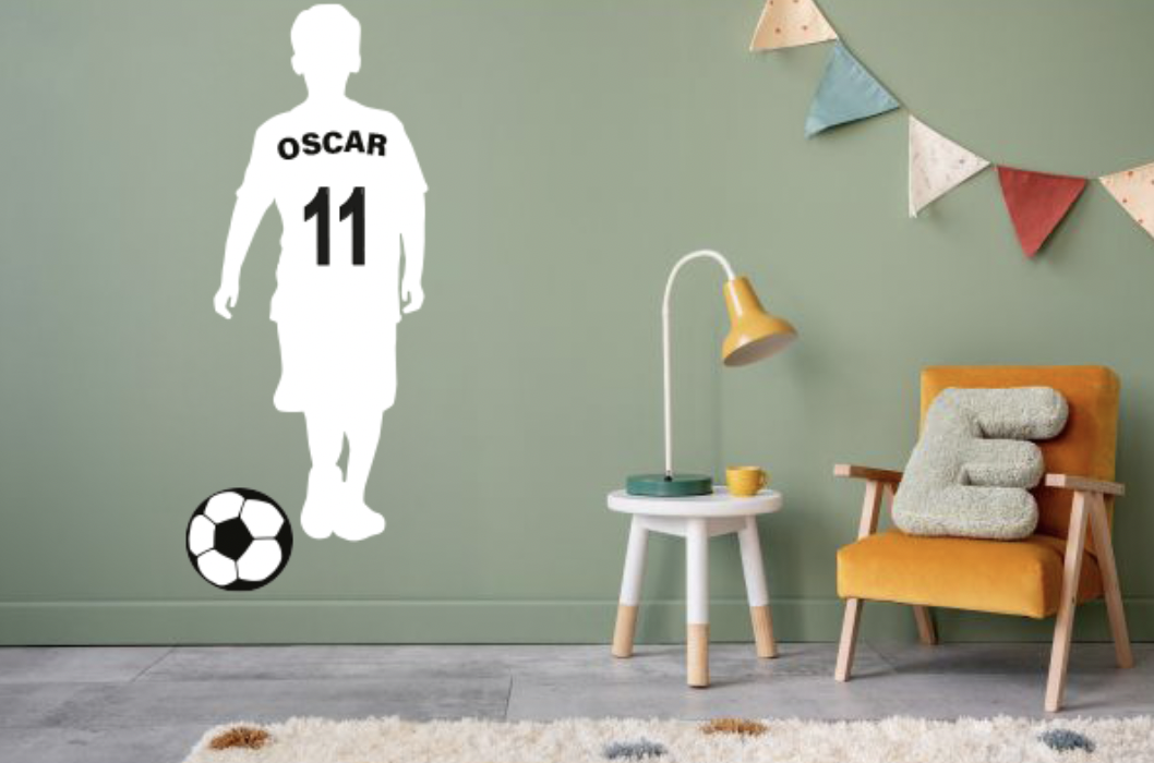 Wallsticker -  Soccer Player  / Personalised  Name and Number / White