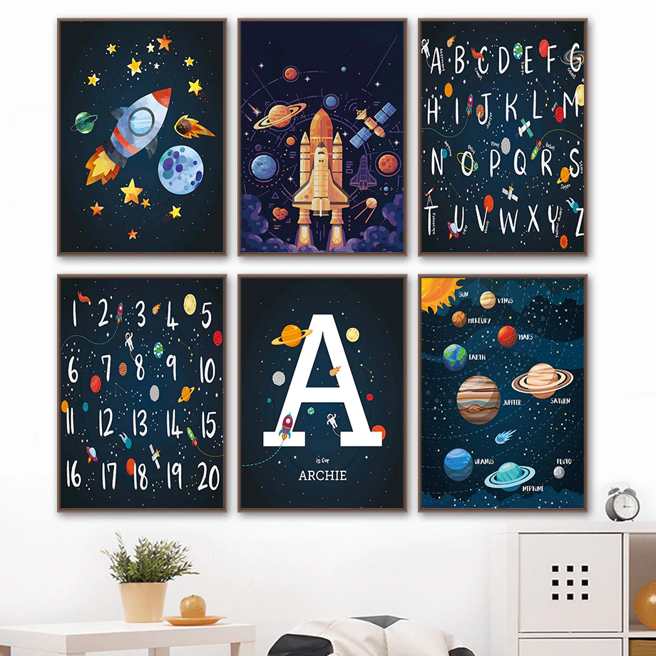 Posters - Planets, Rockets, Alphabets and Numbers / Personalised / Set of 6