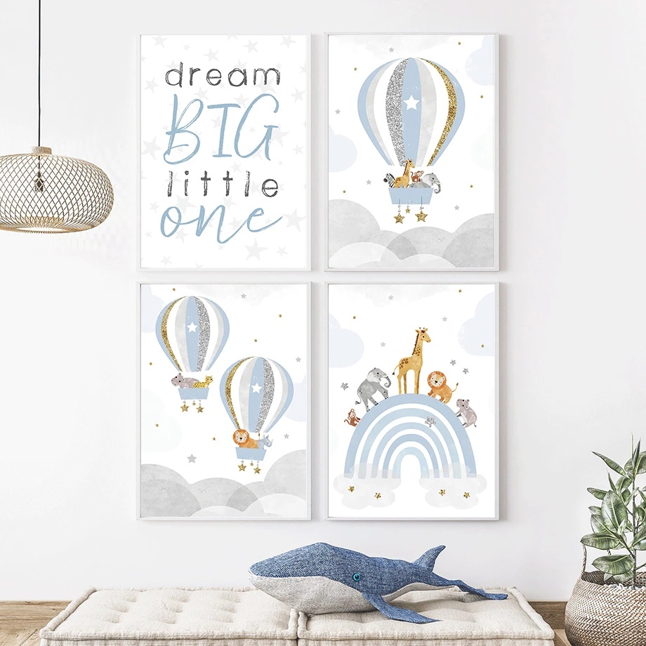 Poster - Rainbow and Hot Air Balloons / Blue  / Set of 4