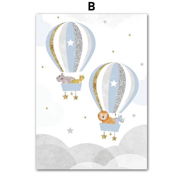 Poster - Animals in Hot Air Balloons / Blue