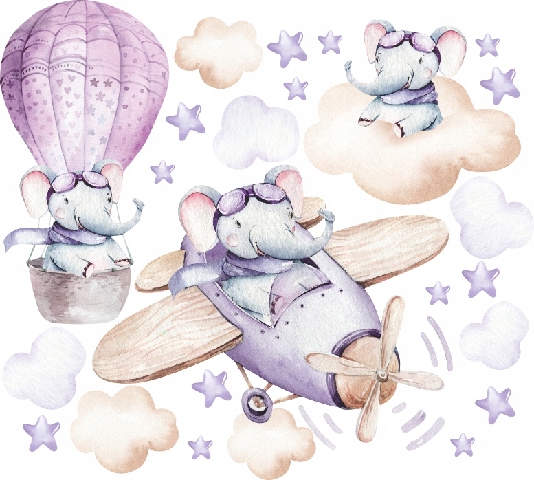 Wallsticker - Elephants on Plane and Air Balloon