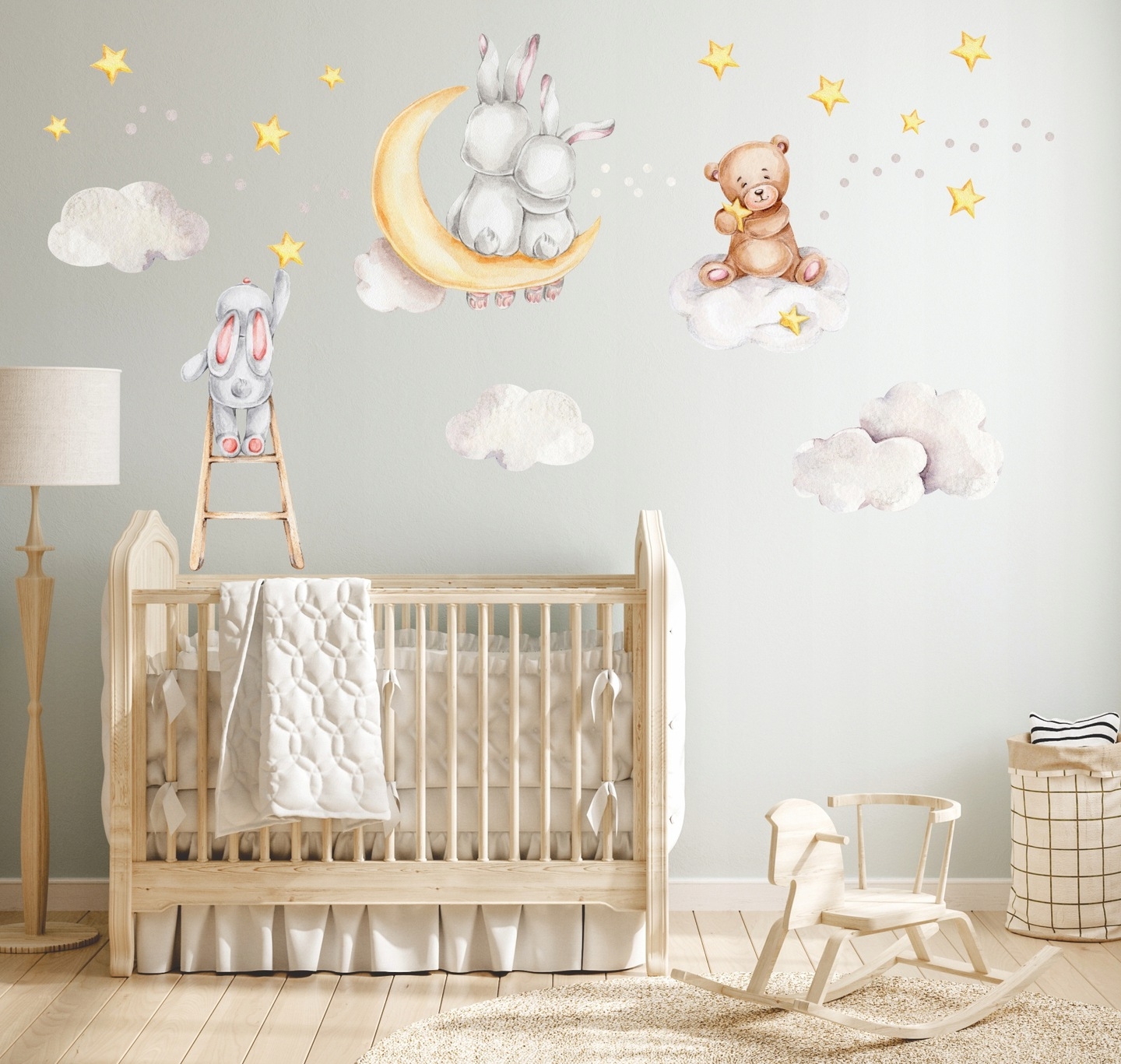 Wallsticker - Bear and rabbits in Moon and Clouds