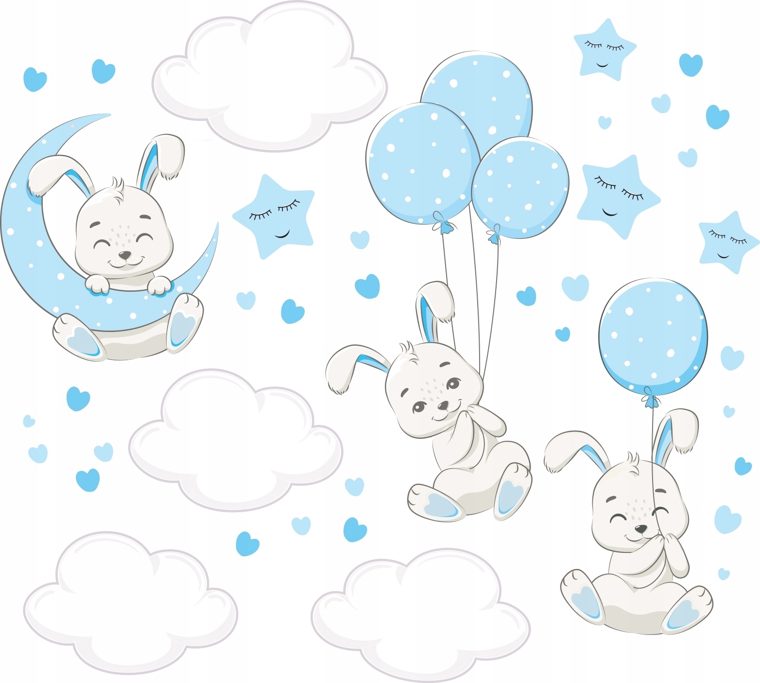 Wallsticker - Rabbits with Clouds and Balloons / Blue