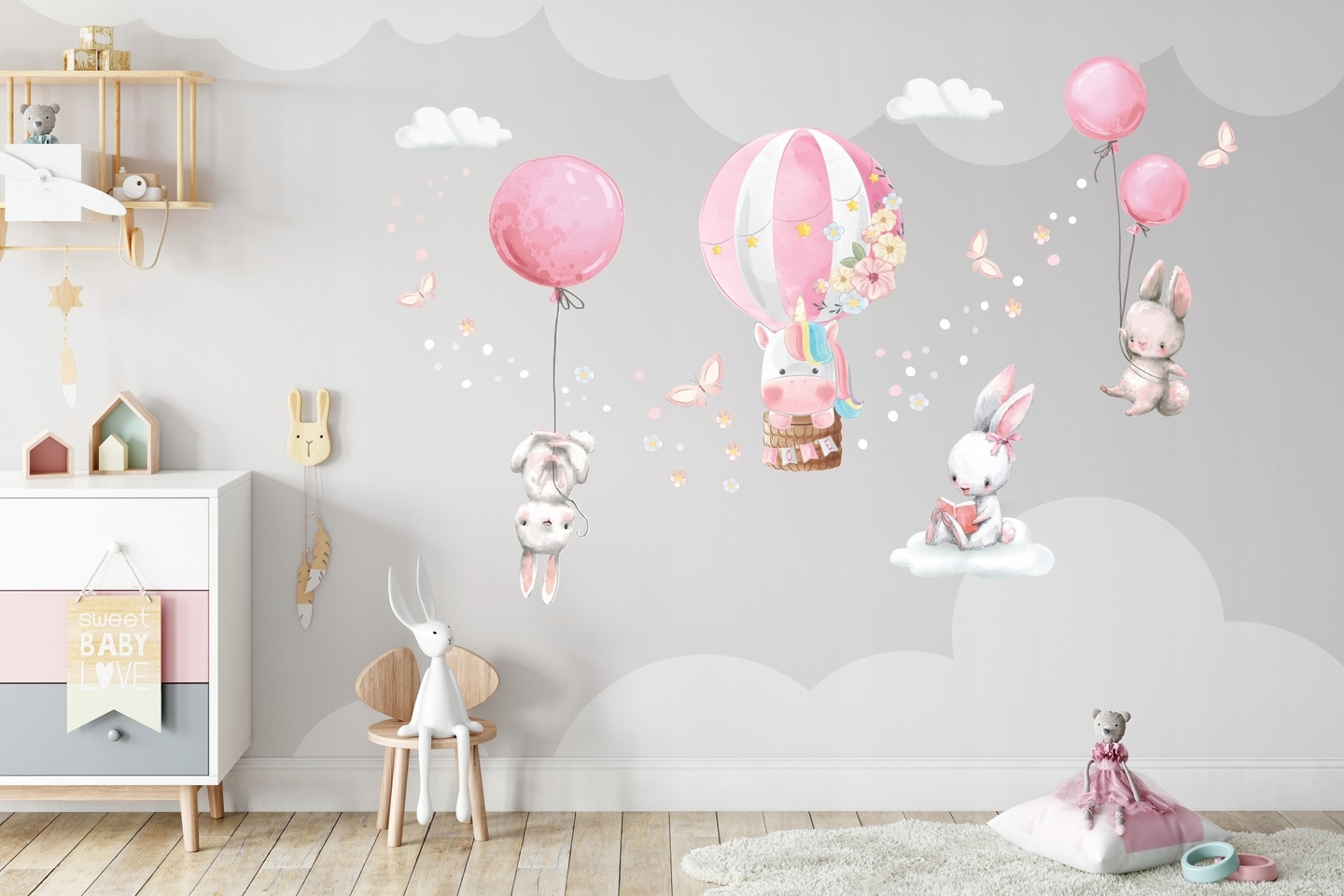 Wallsticker - Unicorn and Bunnies with Balloons