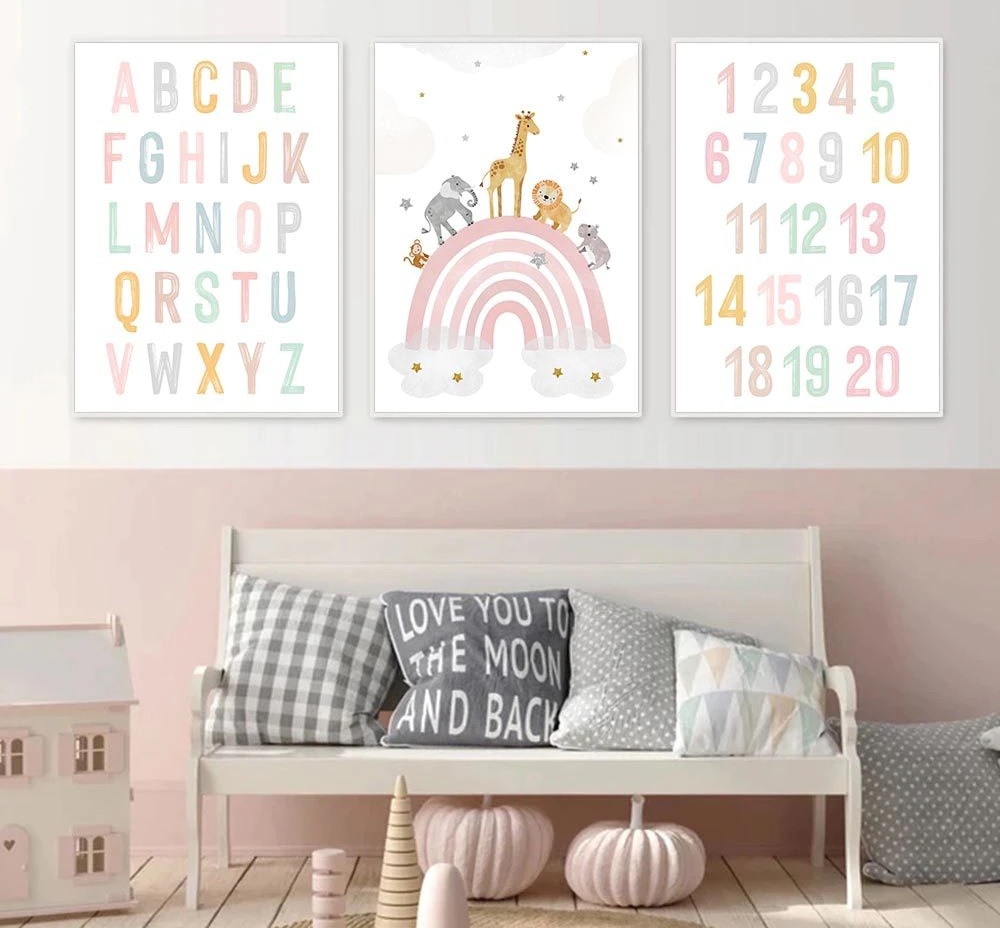 Posters - Alphabets, Numbers and Animals in Rainbow / Set of 3