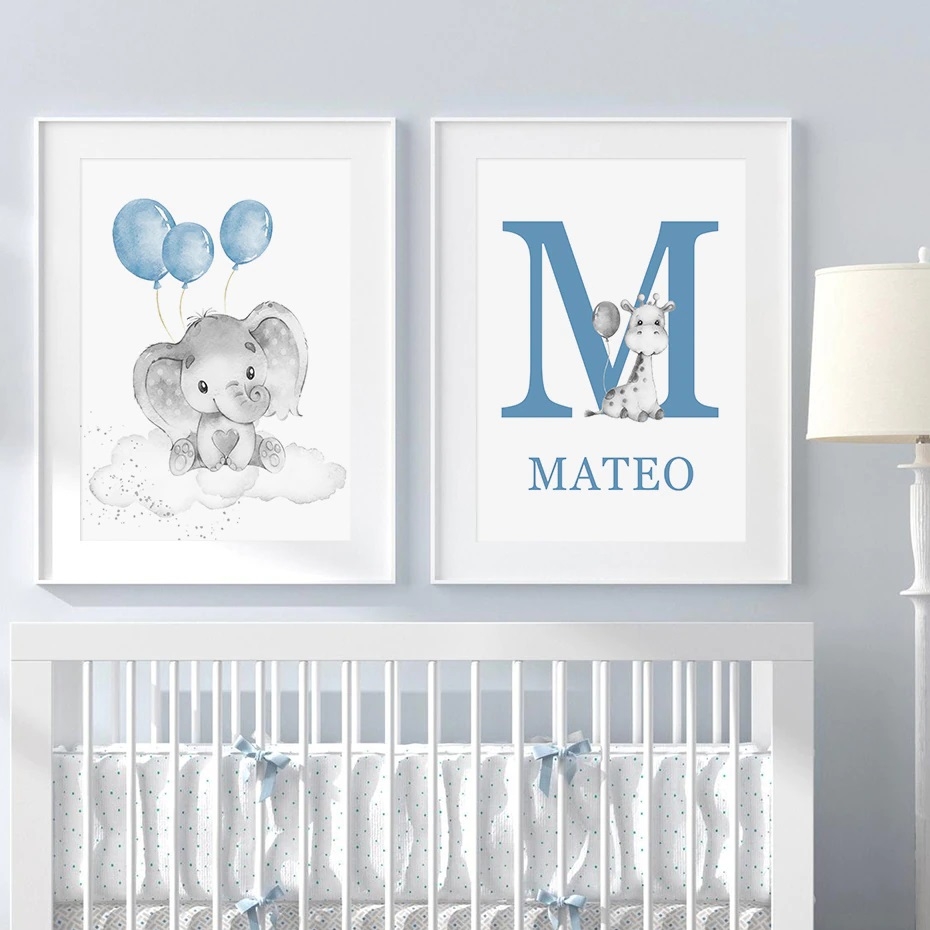 Poster -  Animal with Balloon / Blue /Set of 2 / Custom Text
