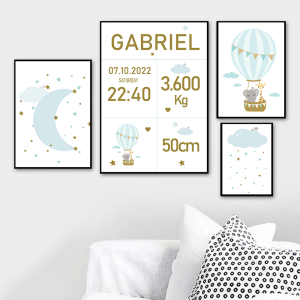 Poster -   Birth Poster / Blue / Personalised  / Set of 4