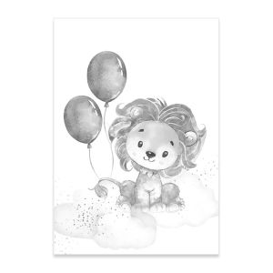   Poster -    Lion with Balloons  / Grey
