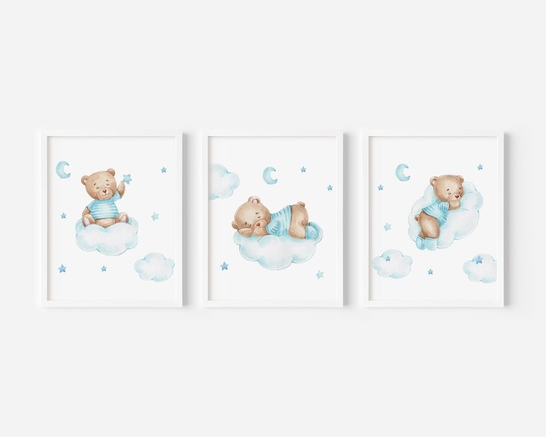 Posters -  Teddy Bear in the Clouds / Blue / Set of 3
