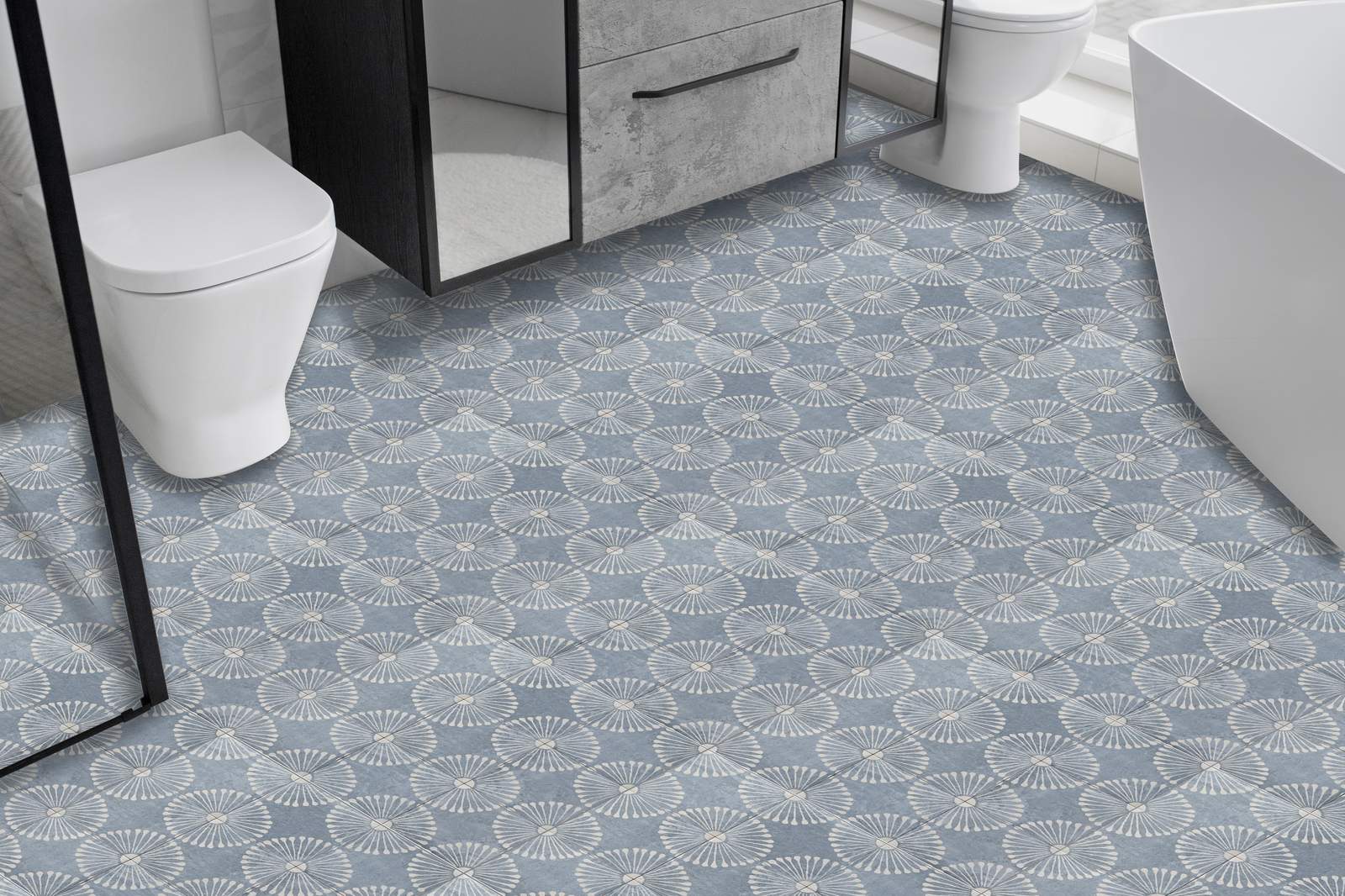 Blue Floral Pattern Floor Tiles / 24 pcs