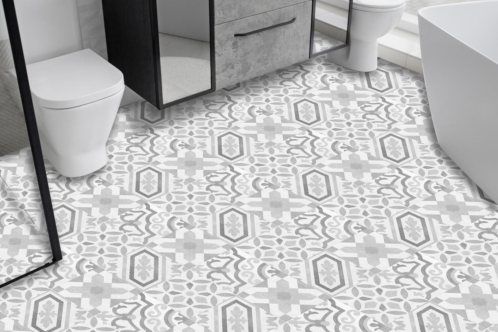 Gray and White Patterned Floor Tiles / 24 pcs