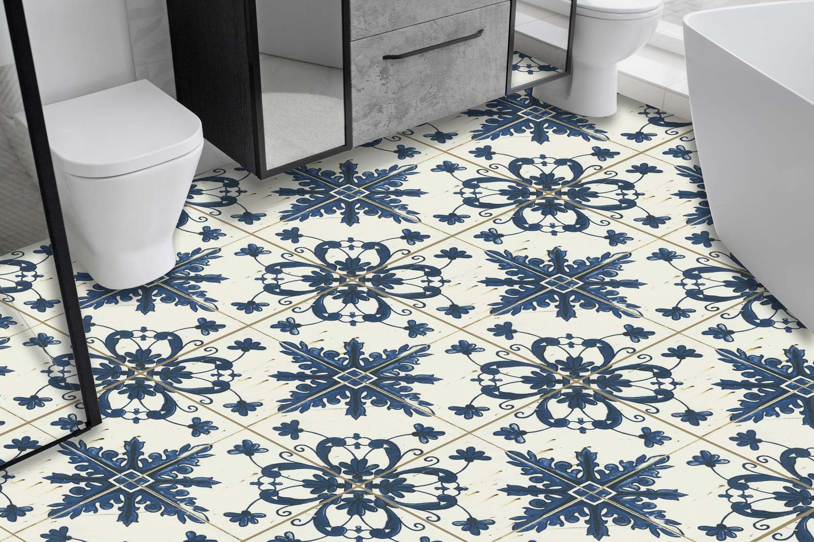 Blue Floral Pattern Floor Tiles / 24 pcs
