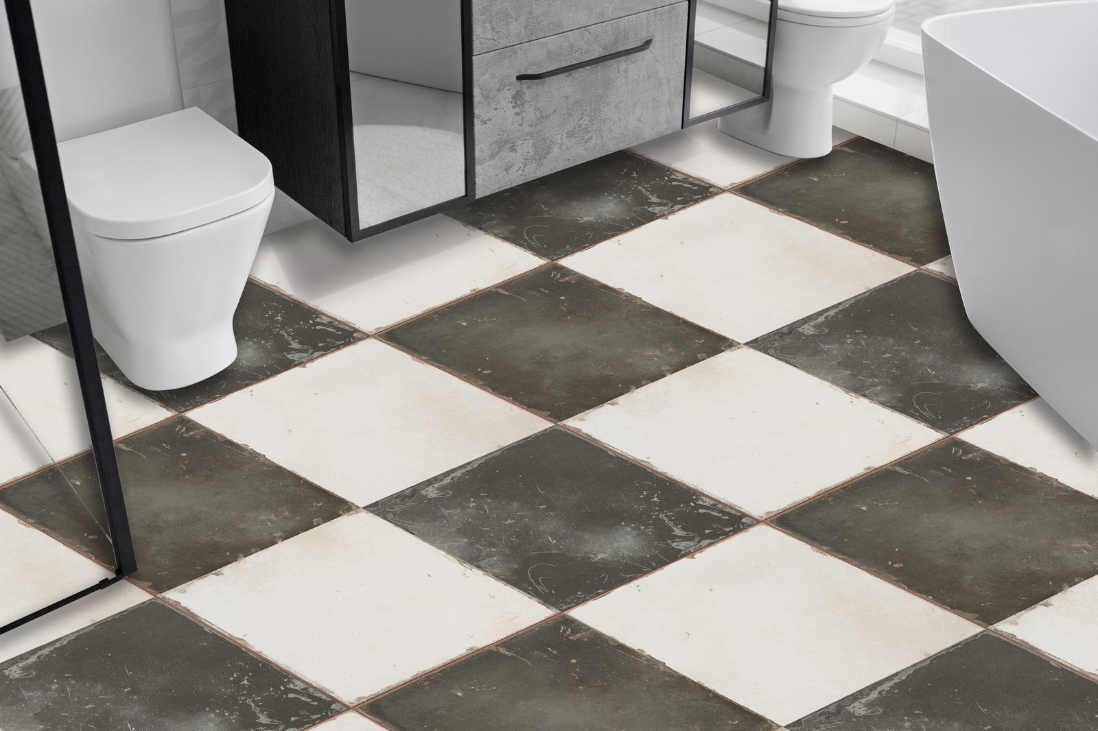 Vintage Style Black and White Floor Tiles / 24 pcs